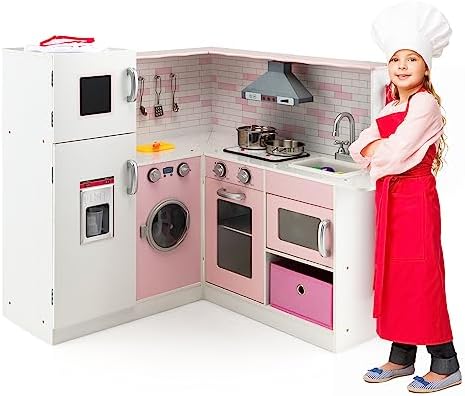 HONEY JOY Pink Corner Kids Kitchen Playset, Wooden Play Kitchen for Toddlers, Washing Machine, Range Hood, Water Dispenser, Cookware, Apron, Little Chef Pretend Toy Kitchen Set w/Lights & Sounds