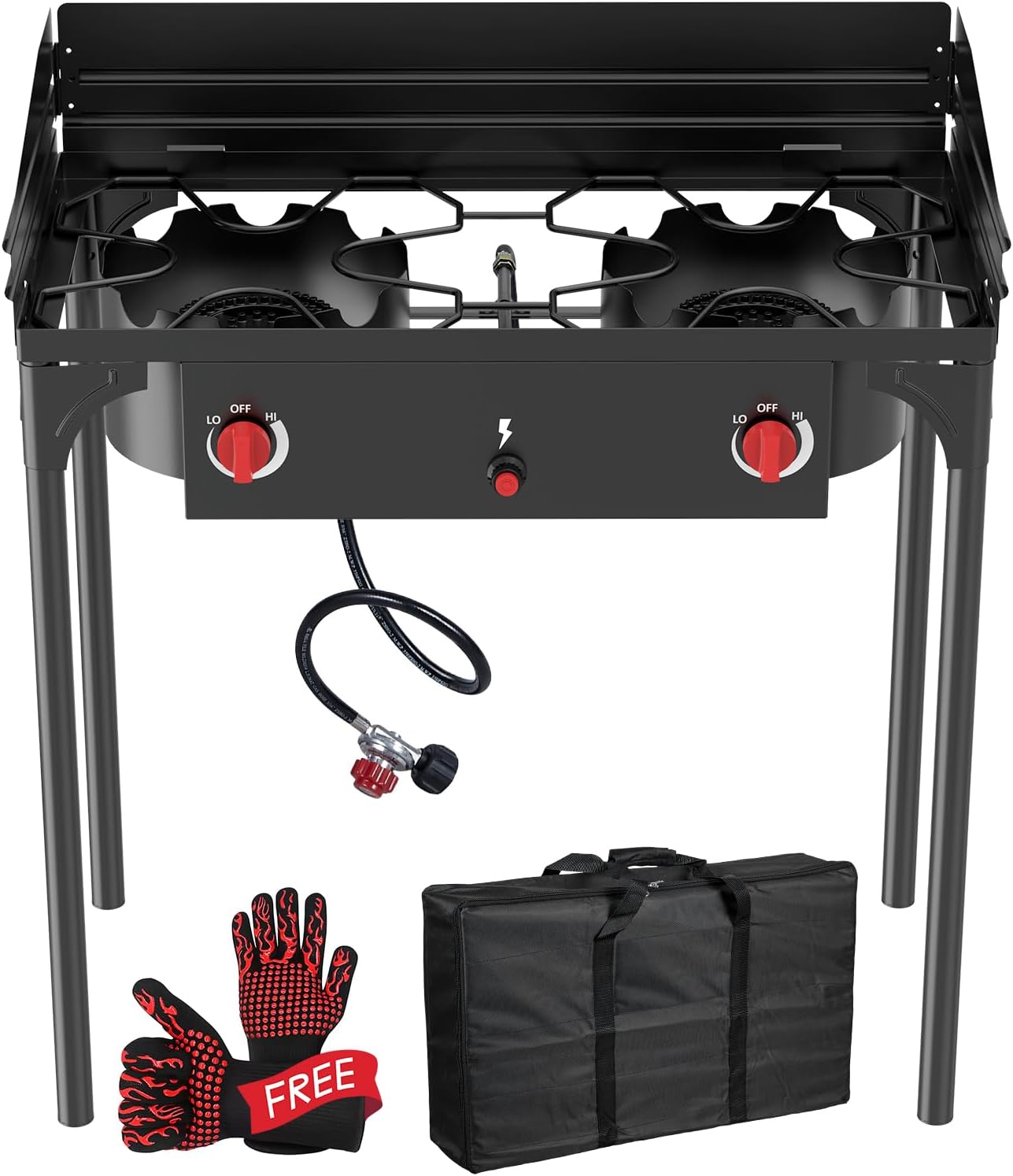 Llamaviva 2 Burner Propane Stove with Windscreen Camping Stove 150000 BTU Outdoor Gas Stove, 2 Burner Adjustable PSI Regulator and Auto Ignition Button with Removable Legs