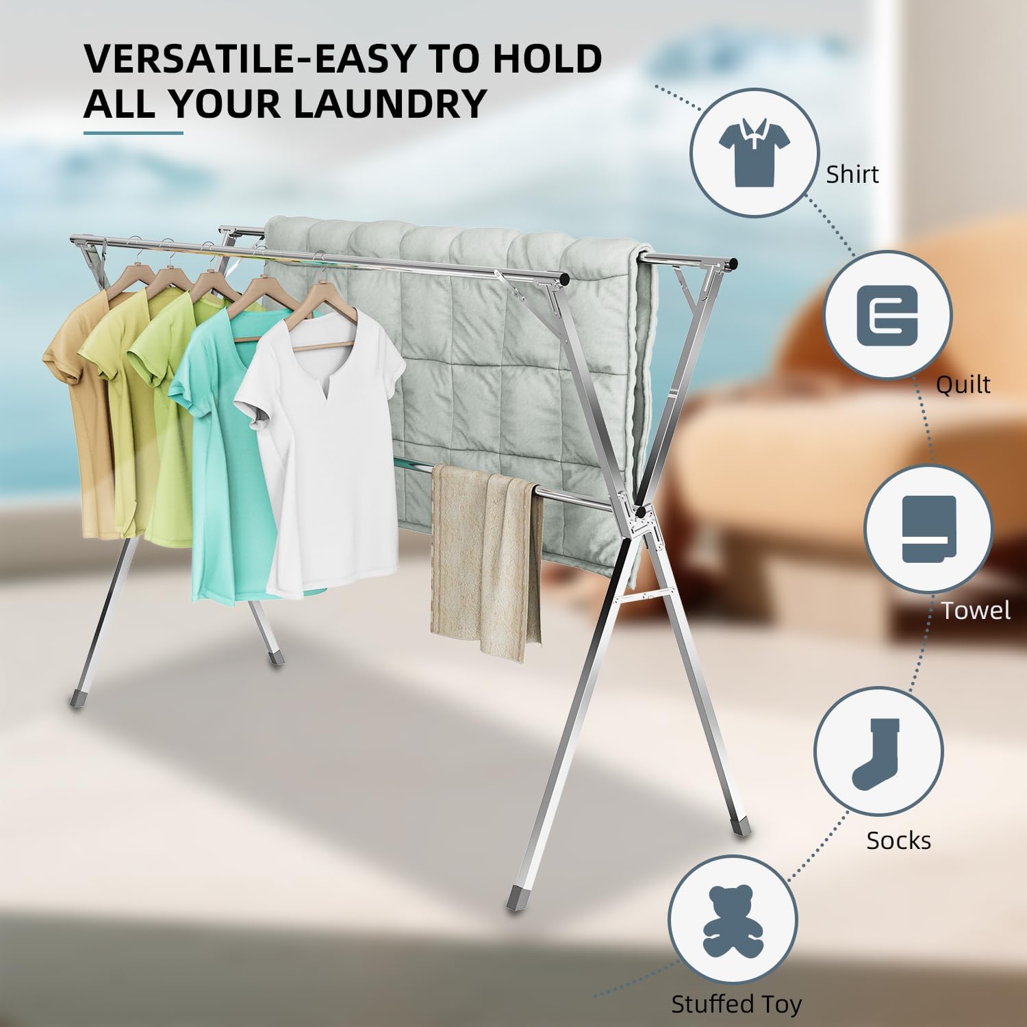 Clothes Drying Rack,Heavy Duty Stainless Steel Garment Rack,Adjustable and Foldable Laundry Drying Rack for Indoor Outdoor Drying Rack Clothing with 20 Windproof Hooks (Silver, 79