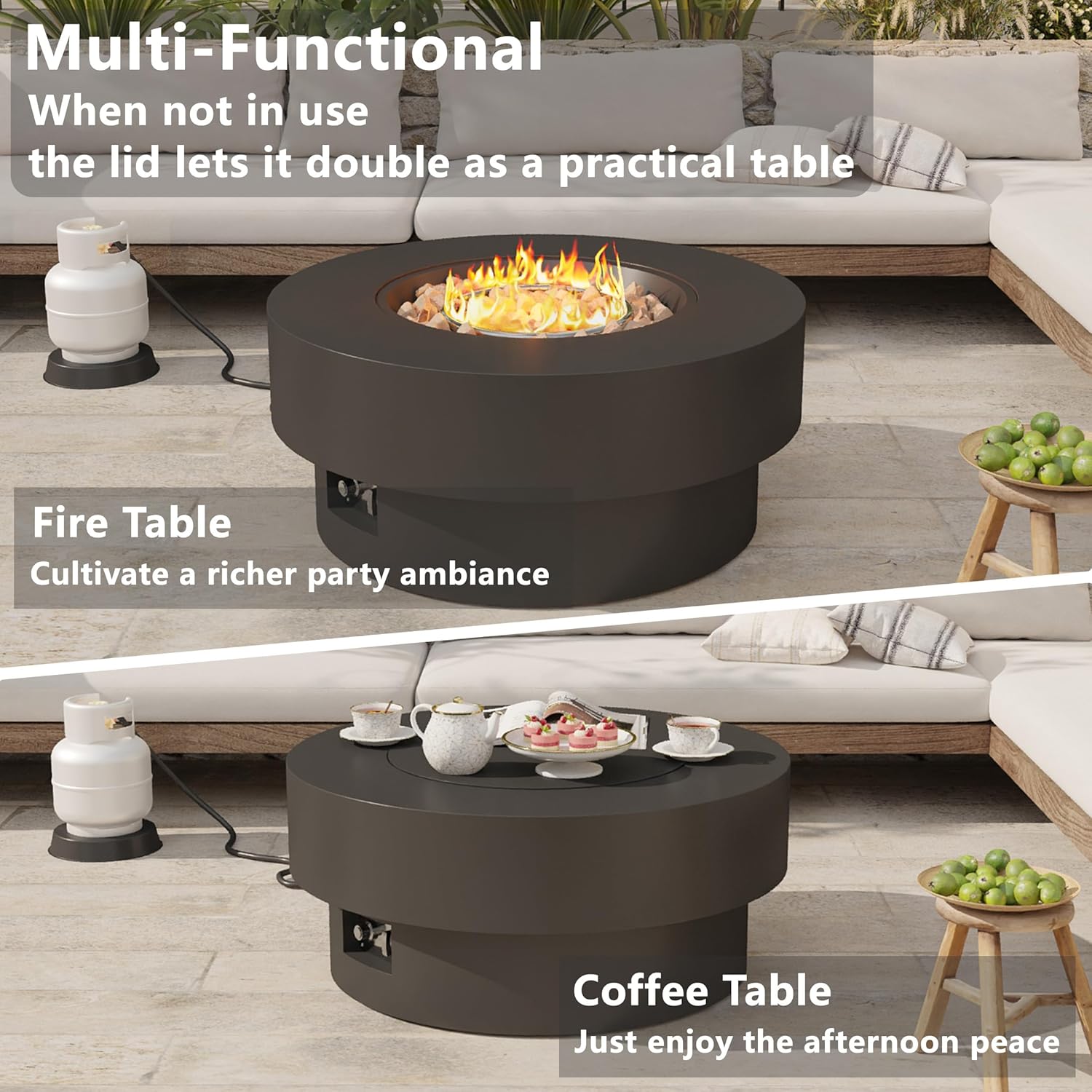 32 inch Outdoor Propane Fire Table, Round Patio Fire Pit Table, 50,000 BTU Gas FirePit with Lid, Cover, Lava Rocks, CSA Certified, Black