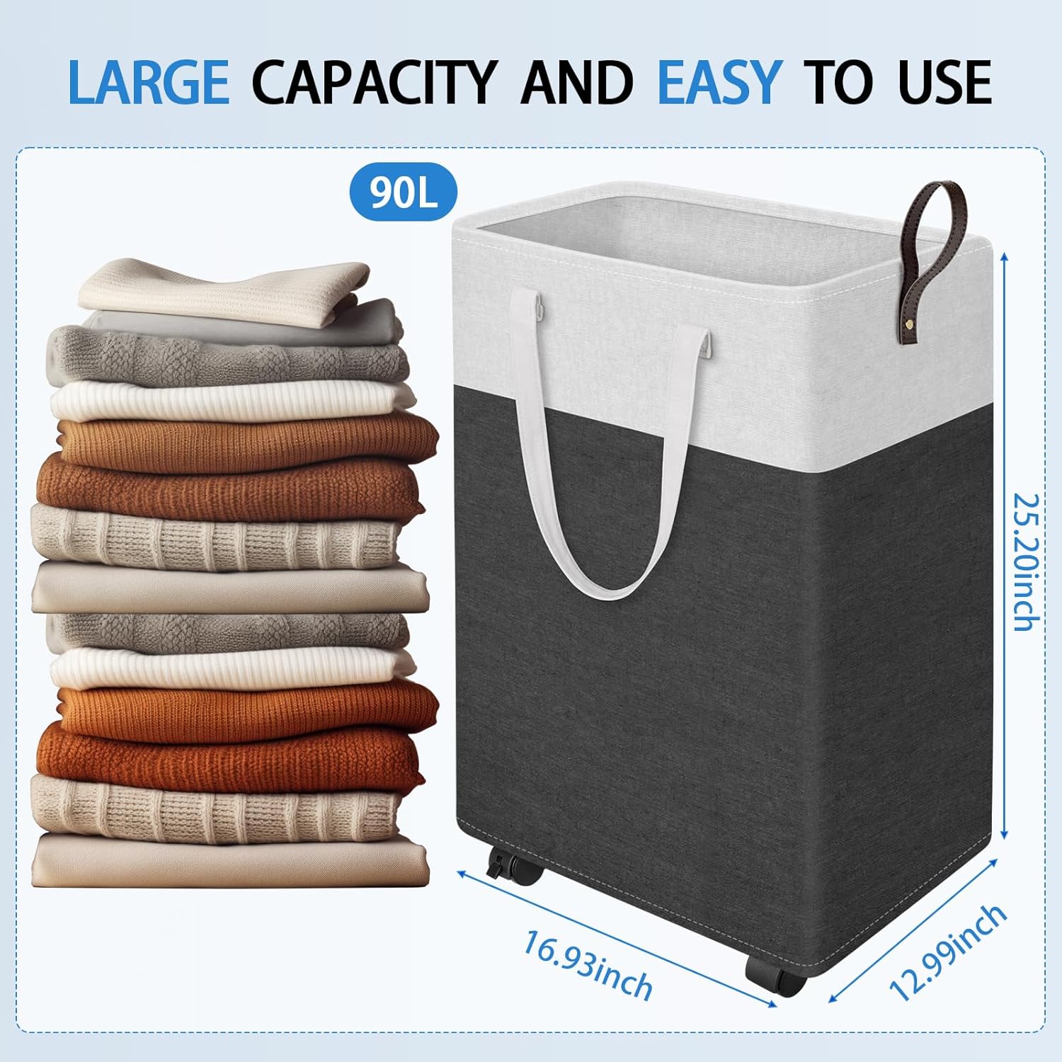 HomeHacks Laundry Basket with Wheels, Rolling Laundry Hamper, Collapsible & Waterproof Clothes Hamper, Narrow Corner Bins with Extended Handles in the Family & Dorm 90L(Grey)