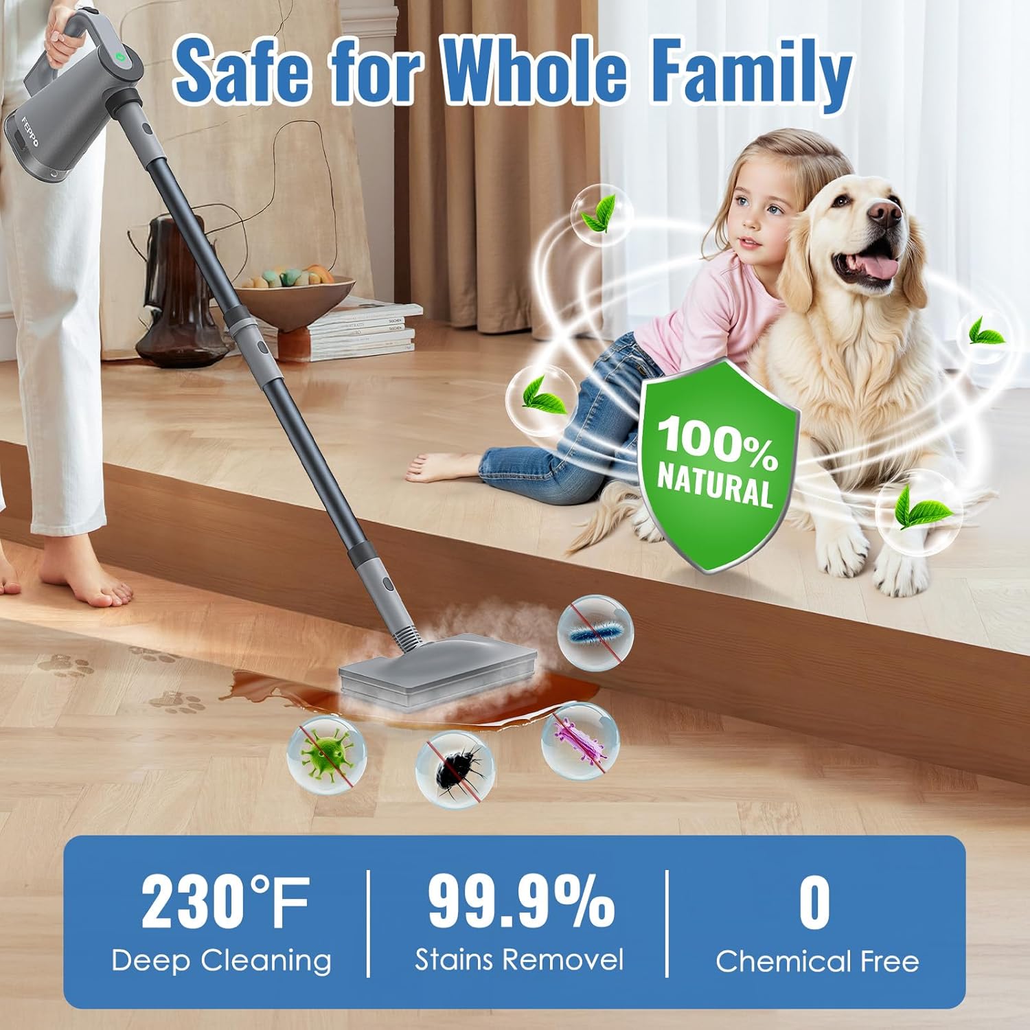 FEPPO 2-in-1 Steam Mop & Handheld Cleaner Bundle with 10-in-1 Accessories & 6 Washable Pads (Includes 4 Extra Pads) - 1300W Powerful Steamer for Floors, Hardwood, Tile, Grout, Windows, Kitchen, Bath