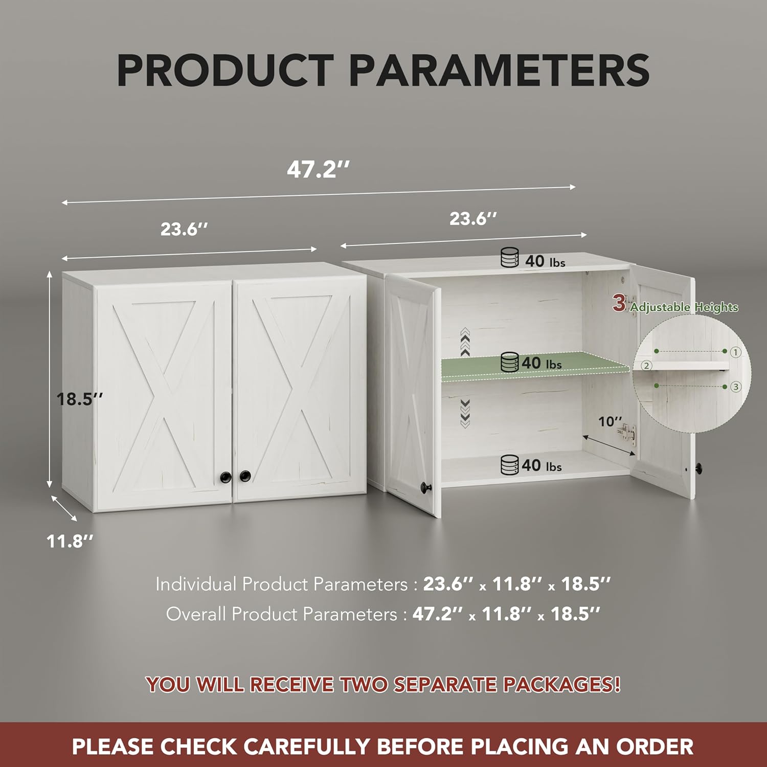 Wall Storage Cabinets - Farmhouse Kitchen Laundry Wall Mounted Cabinets with 4 Doors and Shelves, in White with Grain, 24'Wx2Pcs
