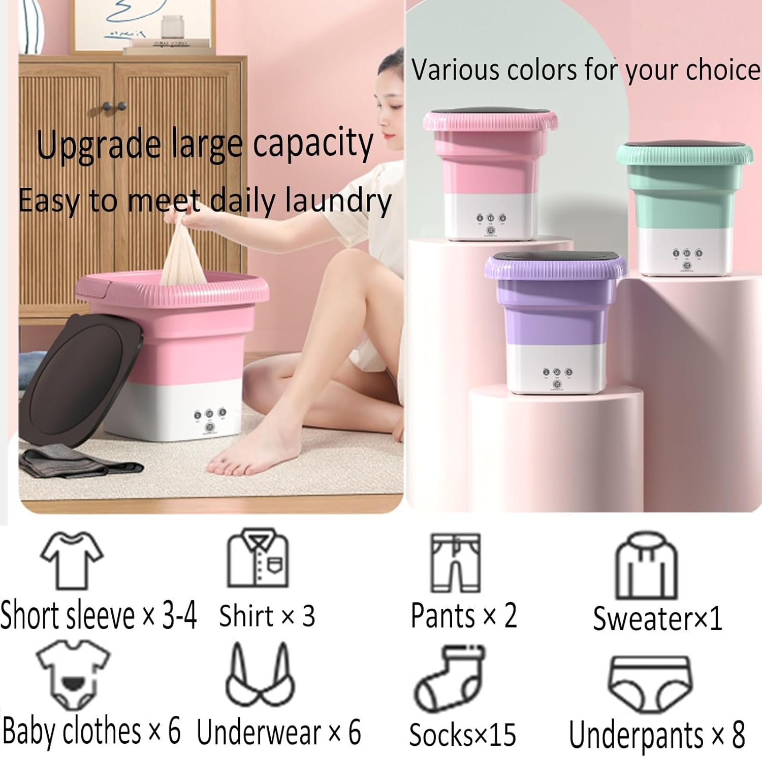 Portable Washing Machine, Mini Washing Machine, Folding Top Load Washer with Spin-Dry, Pink, High Efficiency, Perfect for Camping, Travelling