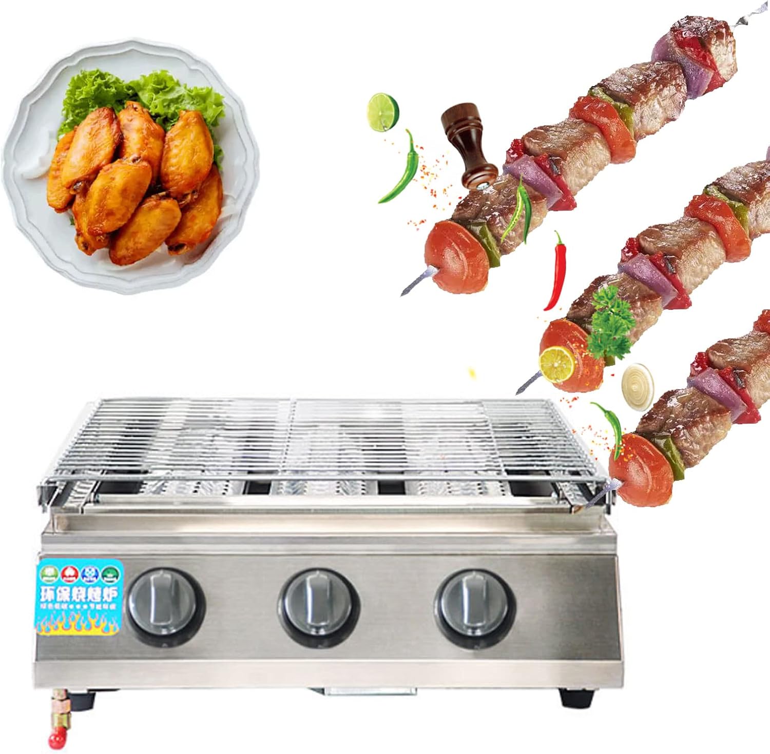 Portable Gas Grill Stainless Steel Propane Grill 3-Burner Outdoor BBQ Grill, Stainless Steel Gas Char-Broiler for Restaurant Equipment BBQ, for Outdoor, Tabletop, Countertop,Silver,45.5x55x20cm