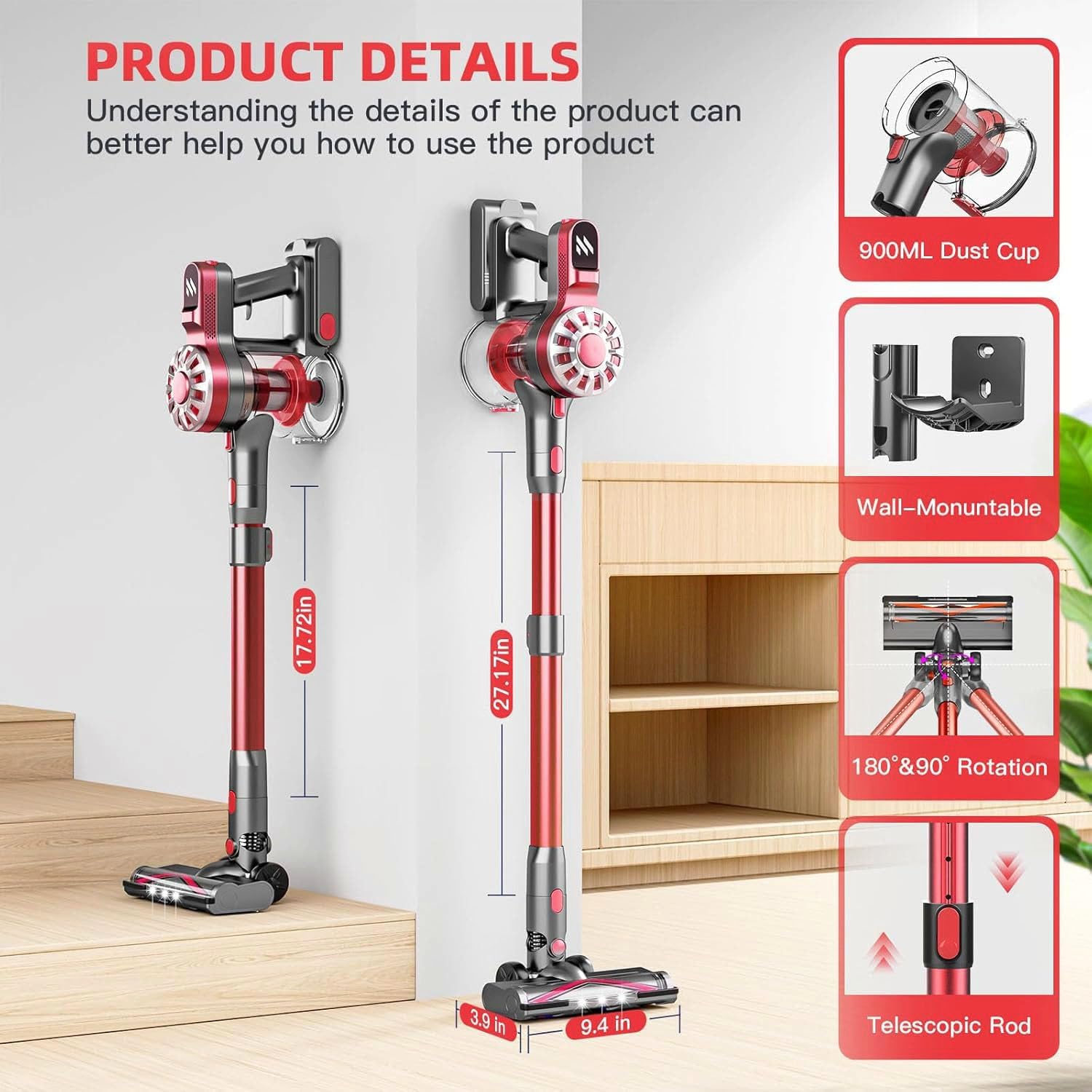 Cordless Vacuum Cleaner for Home, Lightweight Stick Vacuum Cordless Rechargeable with Power Suction, Up to 35 Mins Runtime, Hardwood Floor Vacuum for Pet Hair, Carpets, Tile(Deep Red)