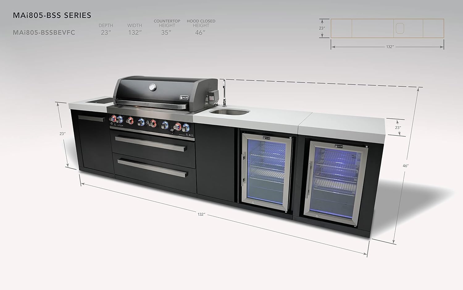 Mont Alpi MAi805-BSSBEVFC 805 44-inch 6-Burner 115000 BTU Black Stainless Steel Double Outdoor Rated Refrigerator Wine Cooler Beverage Center Granite Countertops + Faucet & Sink