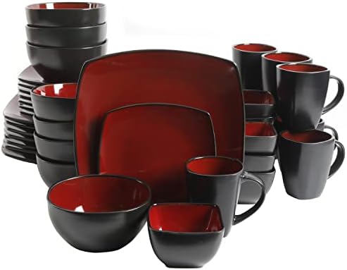Gibson Elite Soho Lounge Square Reactive Glaze Stoneware Dinnerware Set, Service for 8 (40pc), Red/Black