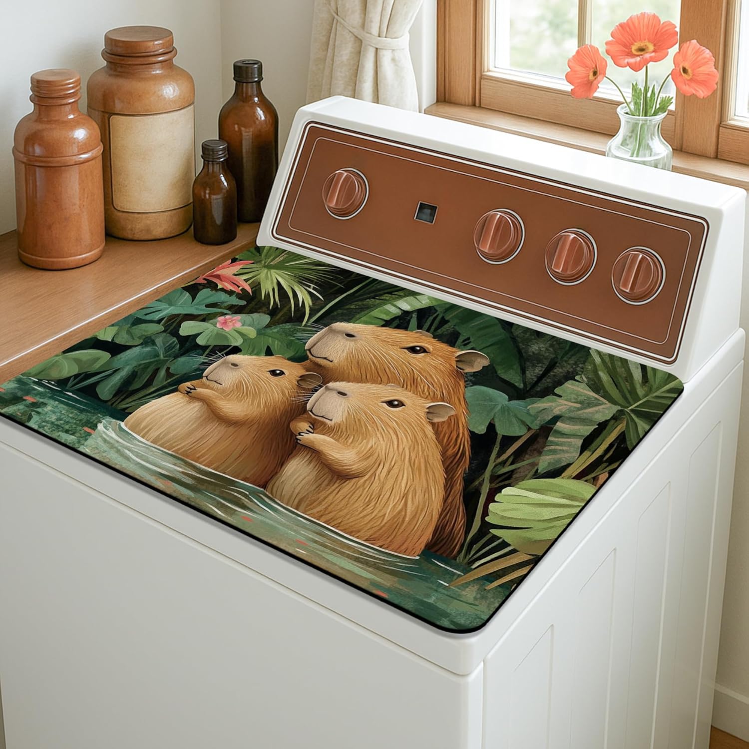 Capybara Washer Dryer Top Protector Mat, Tropical Animal Print Washing Machine Dust Cover, Eco-friendly Rubber Anti-slip Waterproof Mat for Laundry Room 20x24 Inch