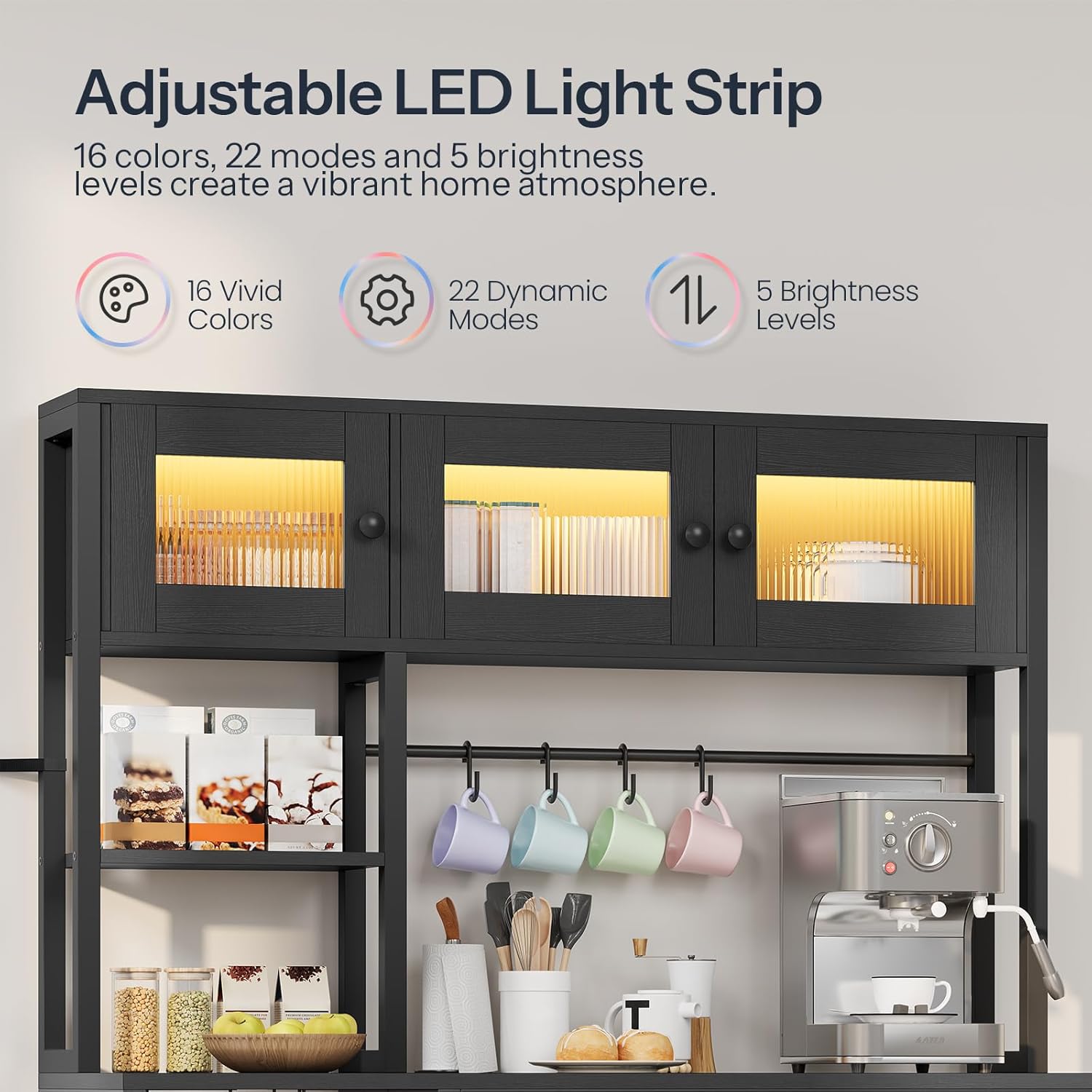 HOOBRO Bakers Rack with Power Outlet and LED Light, 45.3 Inch Microwave Stand with Shelves, Coffee Bar Cabinet with Wine Rack & 4-S Hooks, Kitchen Utility Storage Shelf with Cabinet, Black BB16UDHB01