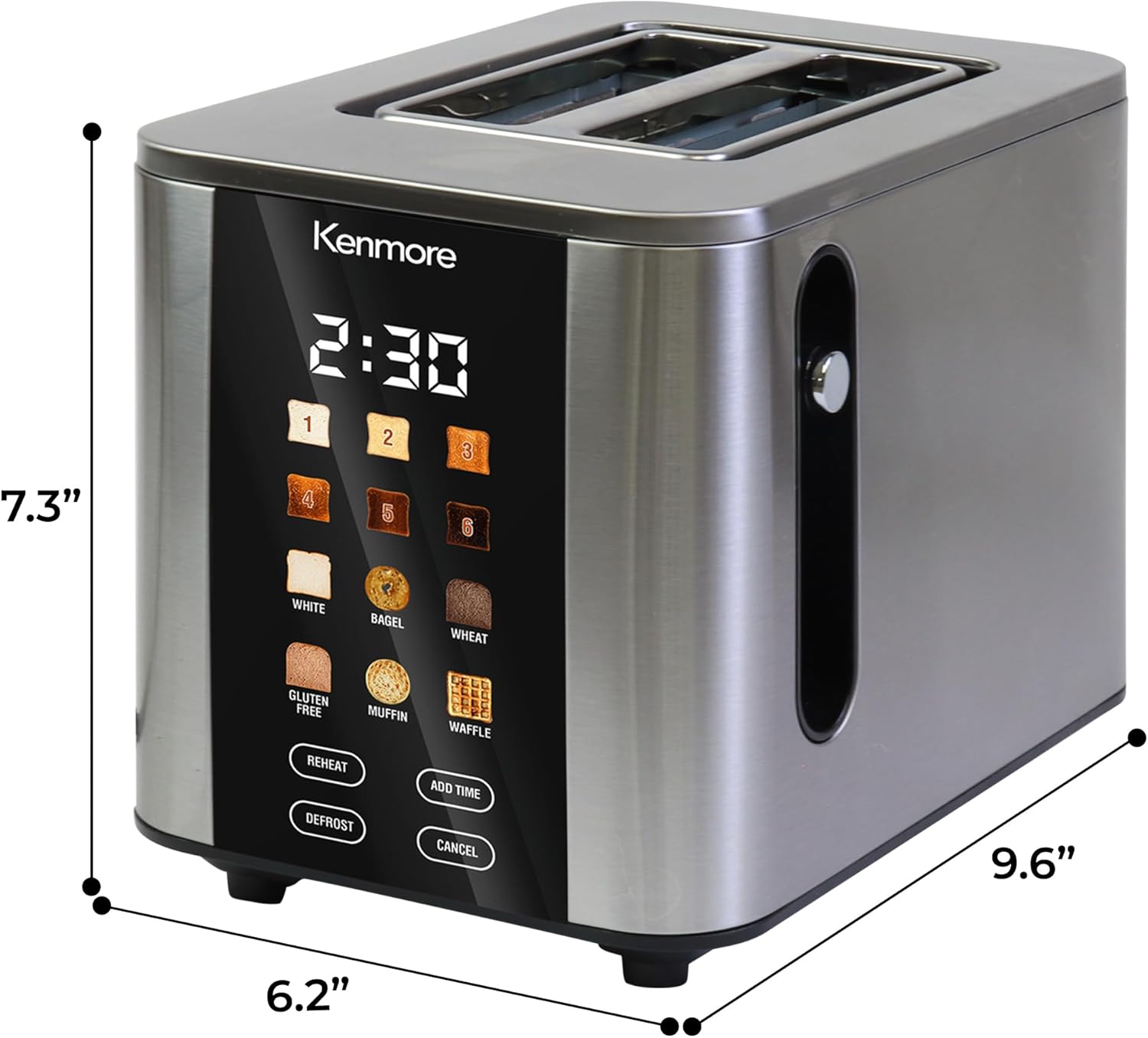 Kenmore 2-Slice Toaster | Color Touch Screen & 6 Shade Settings | Extra Wide Slots | Digital Countdown Timer | Customizable Smart Presets | Reheat, Defrost, Add Time Functions | Stainless Steel