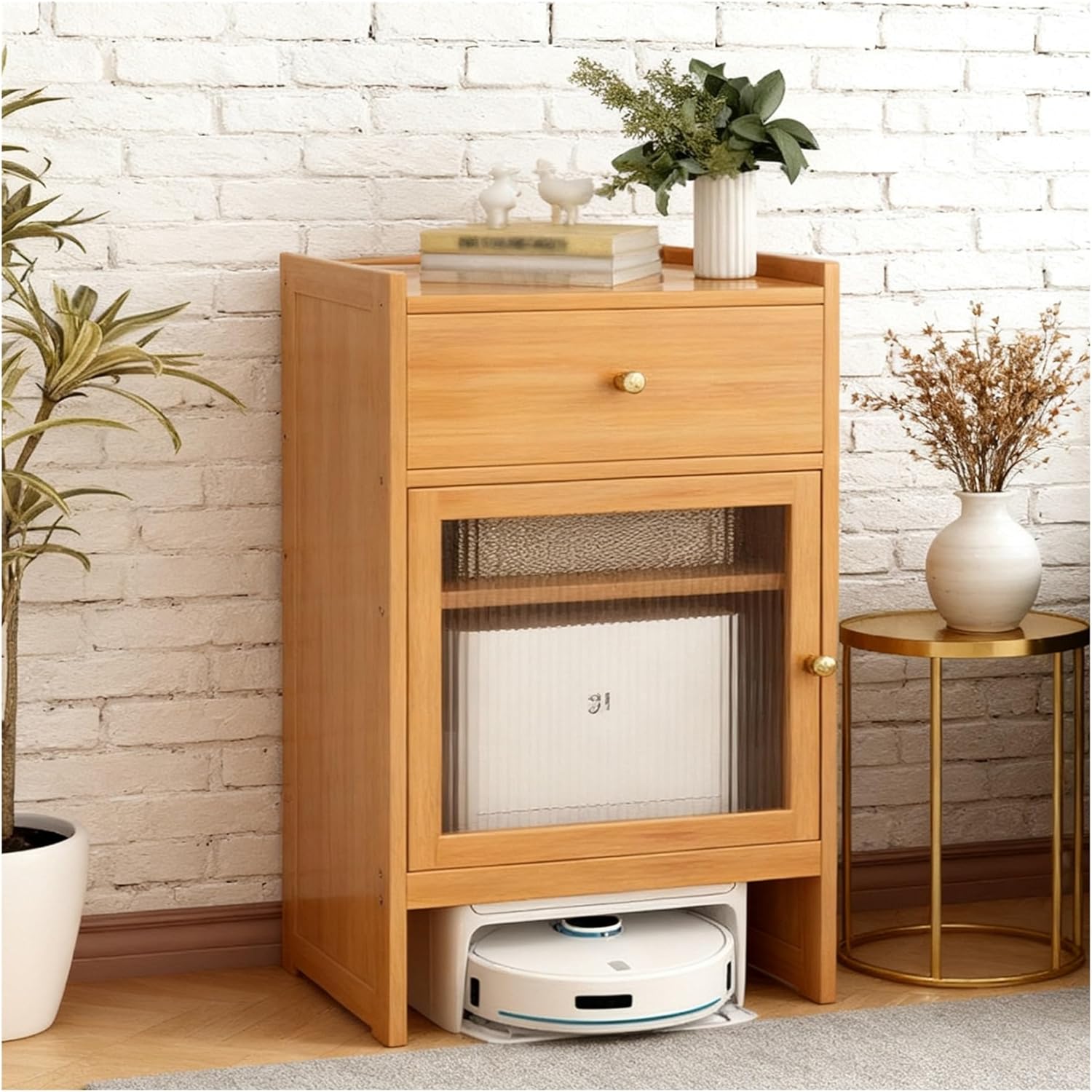 Modern Robot Vacuum Storage Robot Vacuum Cleaner Storage Rack End Side Table Home Office for Living Room, Bedroom, Bathroom, Balcony(Natural)