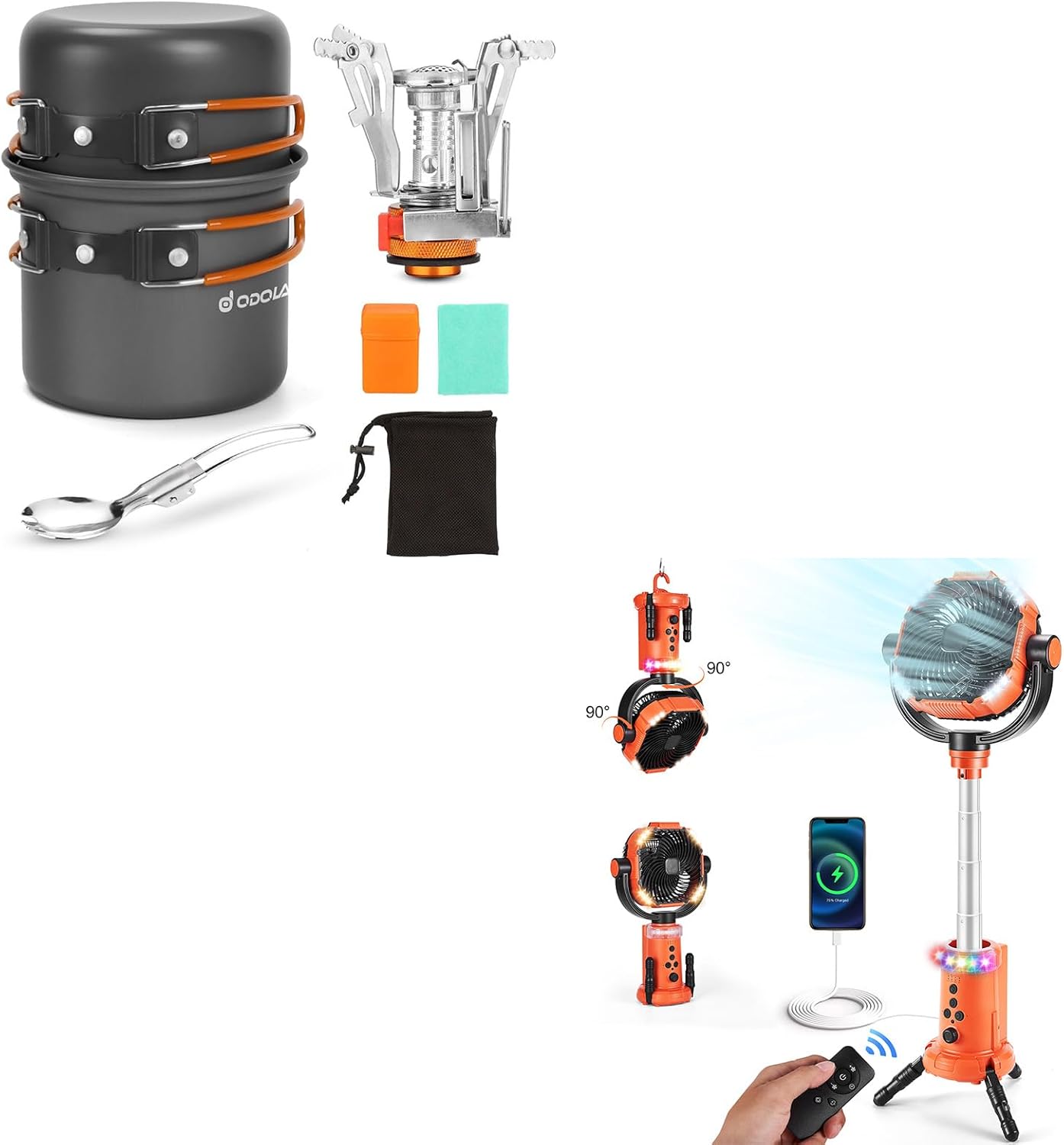 Odoland Bundle - 2 Items 6pcs Camping Cookware Mess Kit and Camping Fan with Lantern