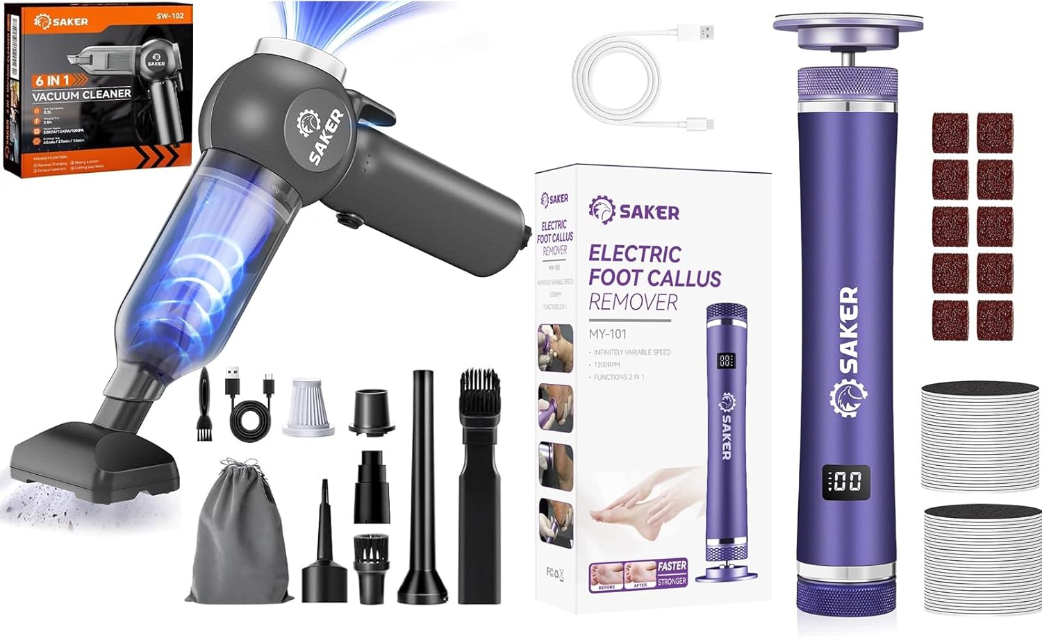 Saker Portable Car Vacuum Cordless 20000Pa 6 in 1 Multifunctional Adjustable Small Handheld Vacuum Electric Foot Callus Remover