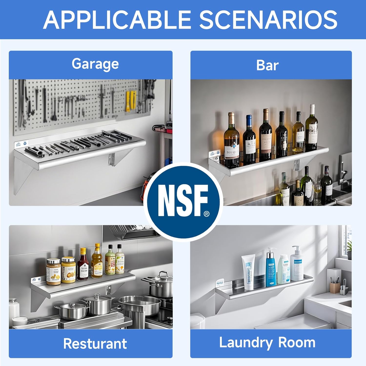 ROCKPOINT Stainless Steel Shelf 12 x 72 Inches 450lb, 2 Pack NSF Commercial Wall Mount Floating Shelving with Backsplash for Restaurant, Kitchen, Home and Hotel, Silver