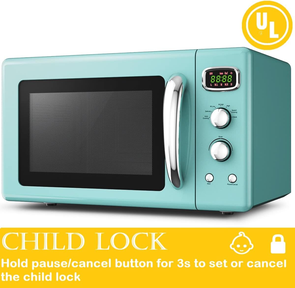 SIMOE Retro Microwave Oven 0.9Cu.ft, 900W Compact Countertop Microwave w/5 Micro Power & 8 Auto Cooking, Child Lock, Timer Setting & Glass Turntable, LED Display, Mint Green