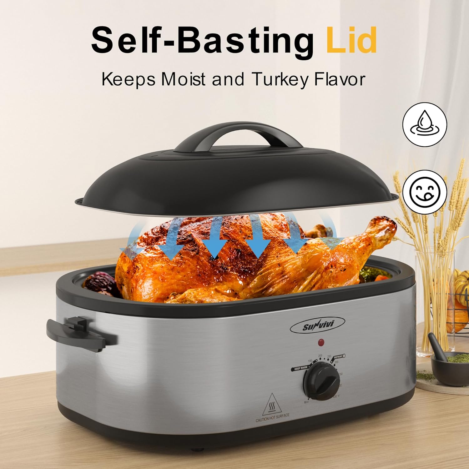 Sunvivi 24lb 20-Quart Roaster Oven, Electric Roaster Oven with Self-Basting Lid, Turkey Roaster with Unique Defrost/Warm Function, Large Roaster with Removable Pan & Rack, Stainless Steel, Silver