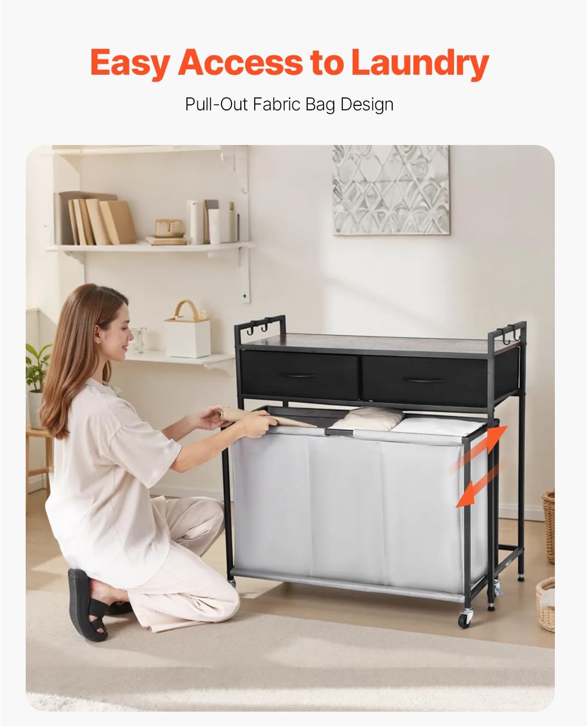 VEVOR 3 Section Laundry Sorter, Rolling Laundry Hamper with 2 Drawers, Hooks & Wheels, Rolling Basket Organizer Storage with Pull-Out Rolling Bags and Wooden Tabletop for Dirty Clothes, Bathroom