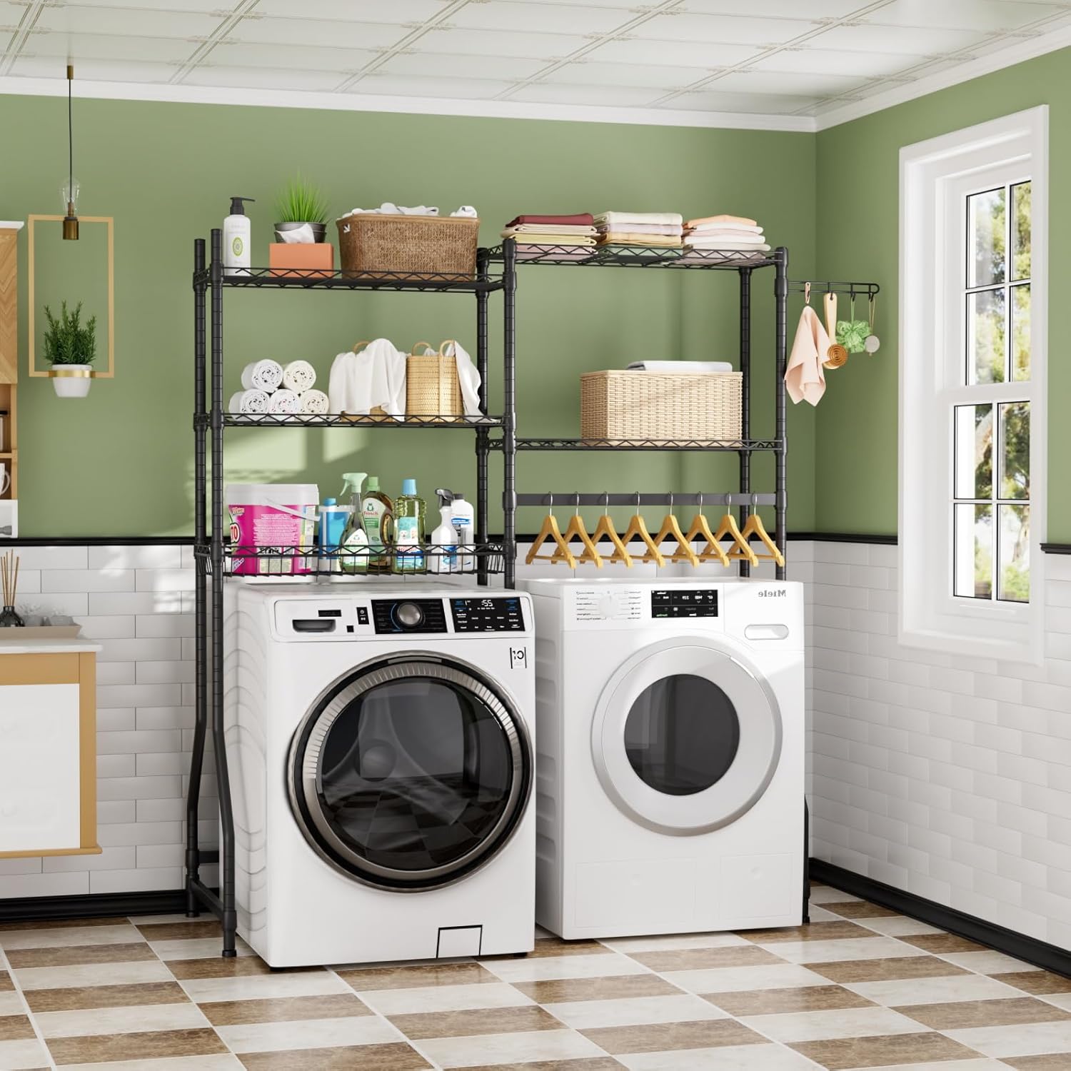 Over Washer and Dryer Shelves,Heavy Duty Laundry Room Storage Organization Clothes Drying Rack,5 Tier Adjustable Height Wire Shelving and Wire Basket with Hanger Rod&Hook,Space Saving Shelf