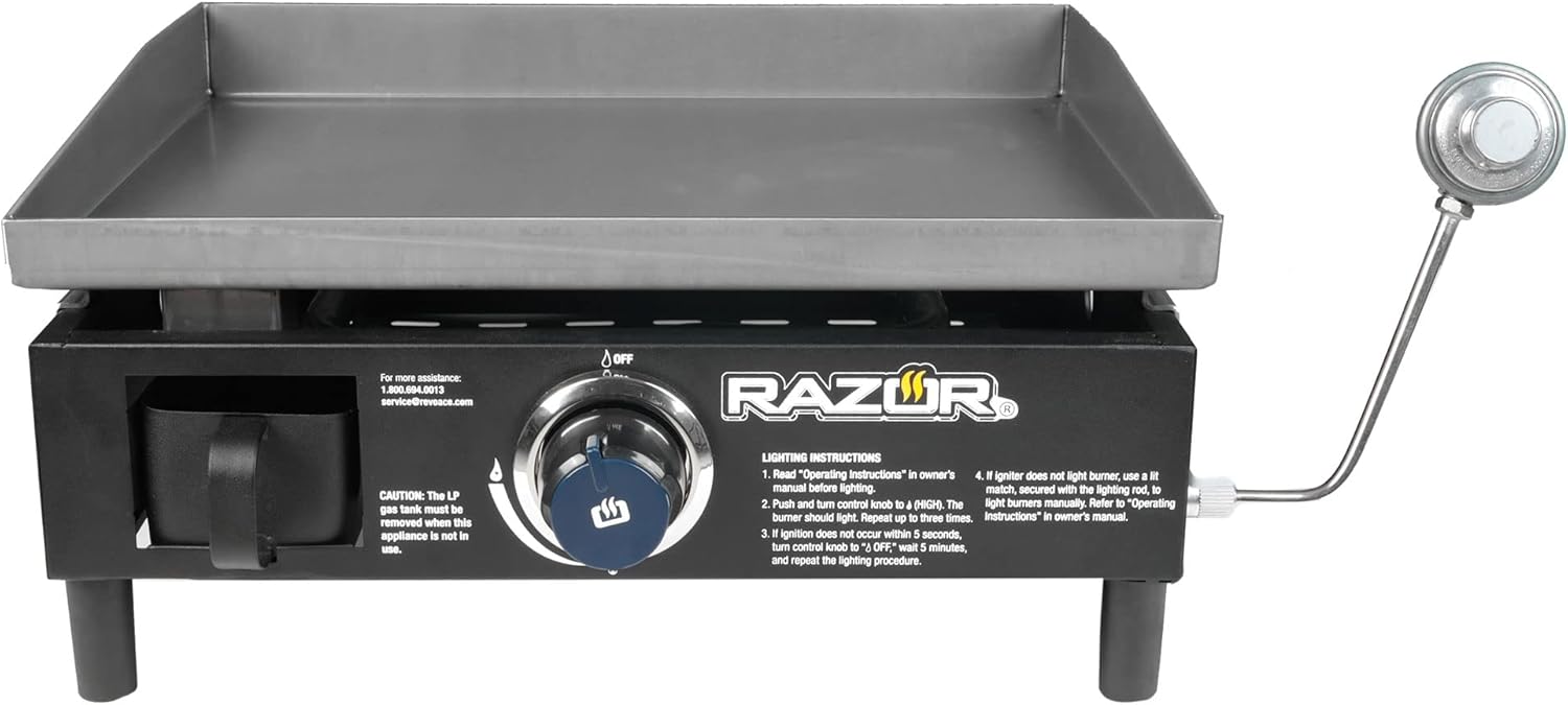 Razor Griddle GGT2160M 19 Inch Outdoor 1 Burner Portable LP Propane Gas Grill Griddle with Push Ignition for BBQ Cooking and Frying, Black
