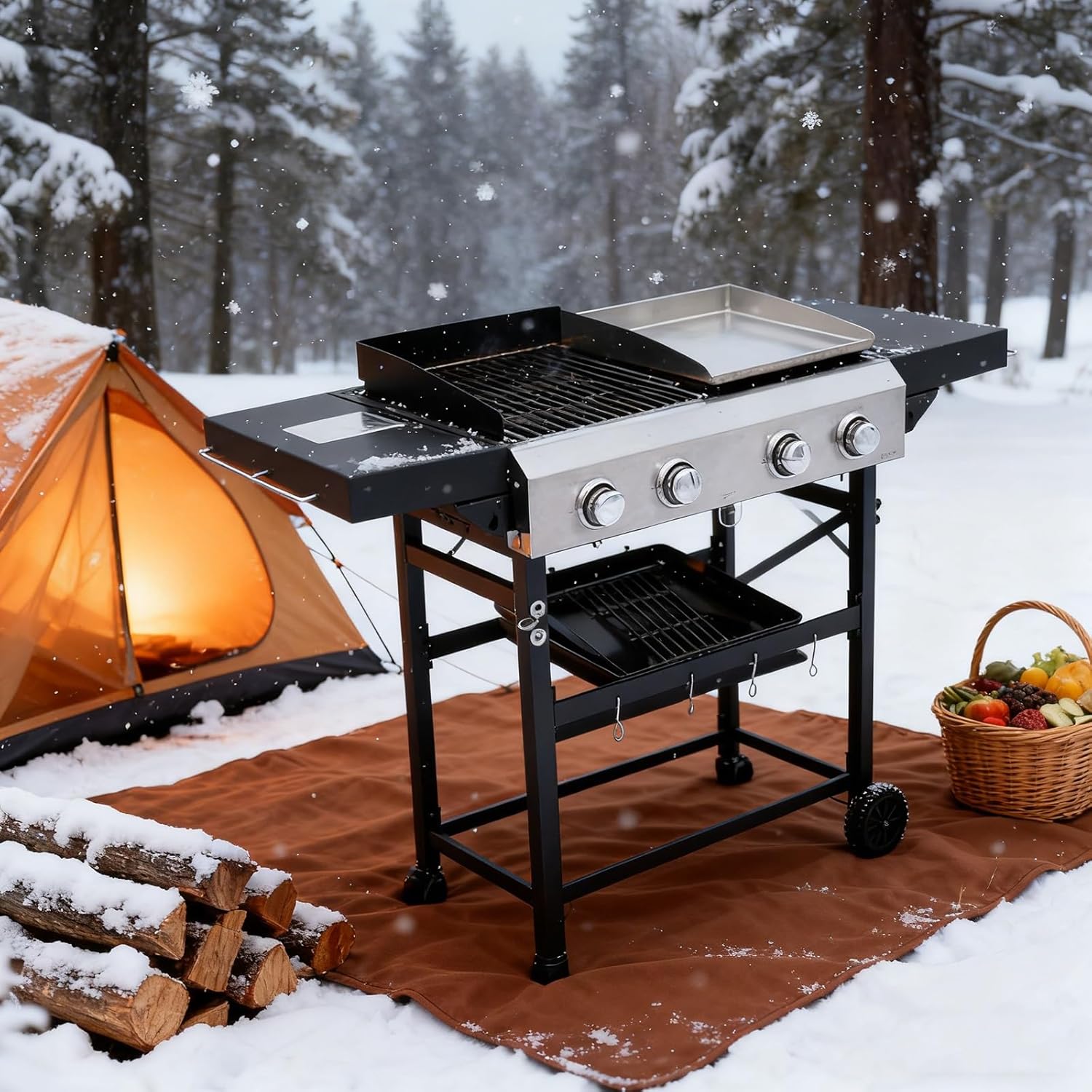 Gas Grill & Propane Griddle Combo Expert, 2-Burner Table Top – Outdoor BBQ With Cover For Camping, Tailgating ﻿