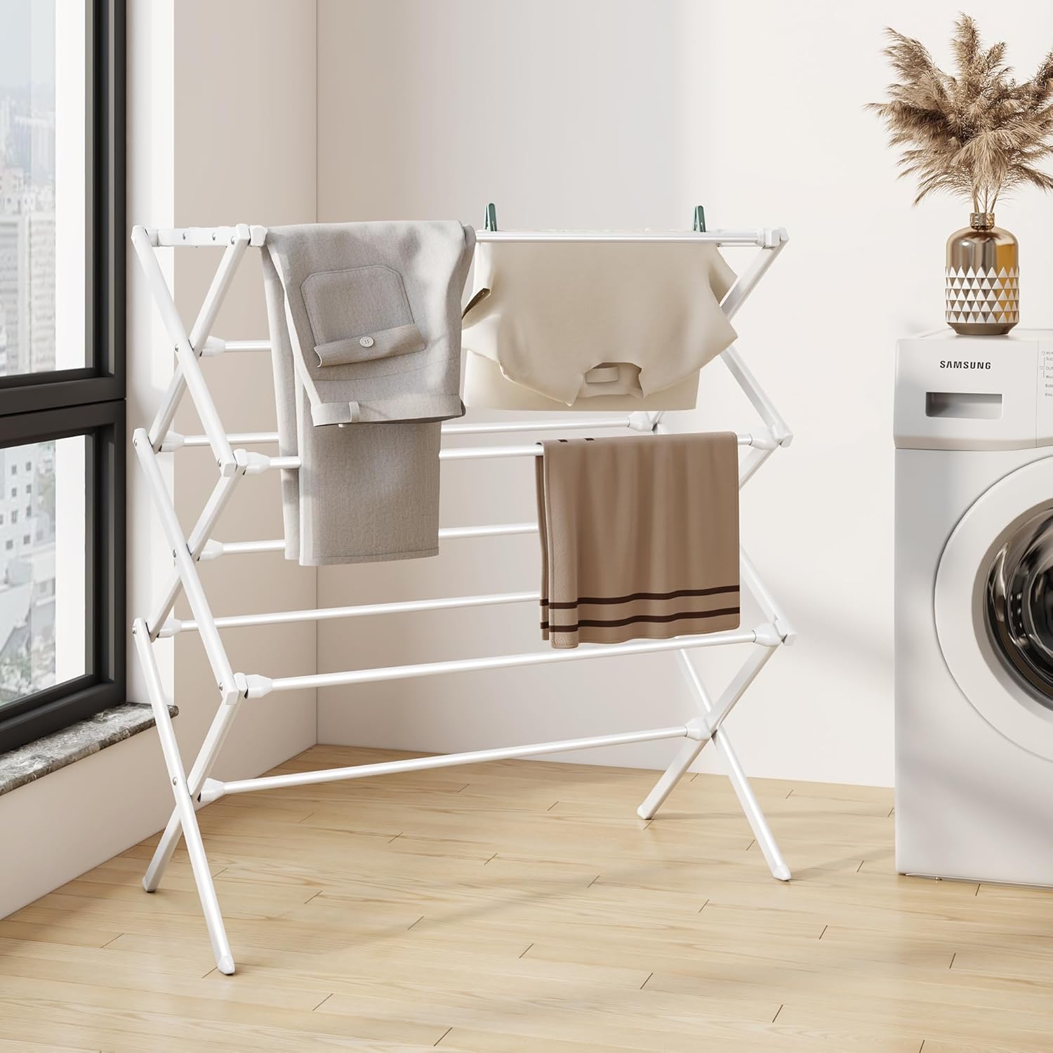 Homeiju Foldable Clothes Drying Rack for Laundry, Heavy Duty Drying Rack Clothing, Collapsible Folding Laundry Dryer, Easy Assembly, Space Saving Household Indoor Outdoor Use, White