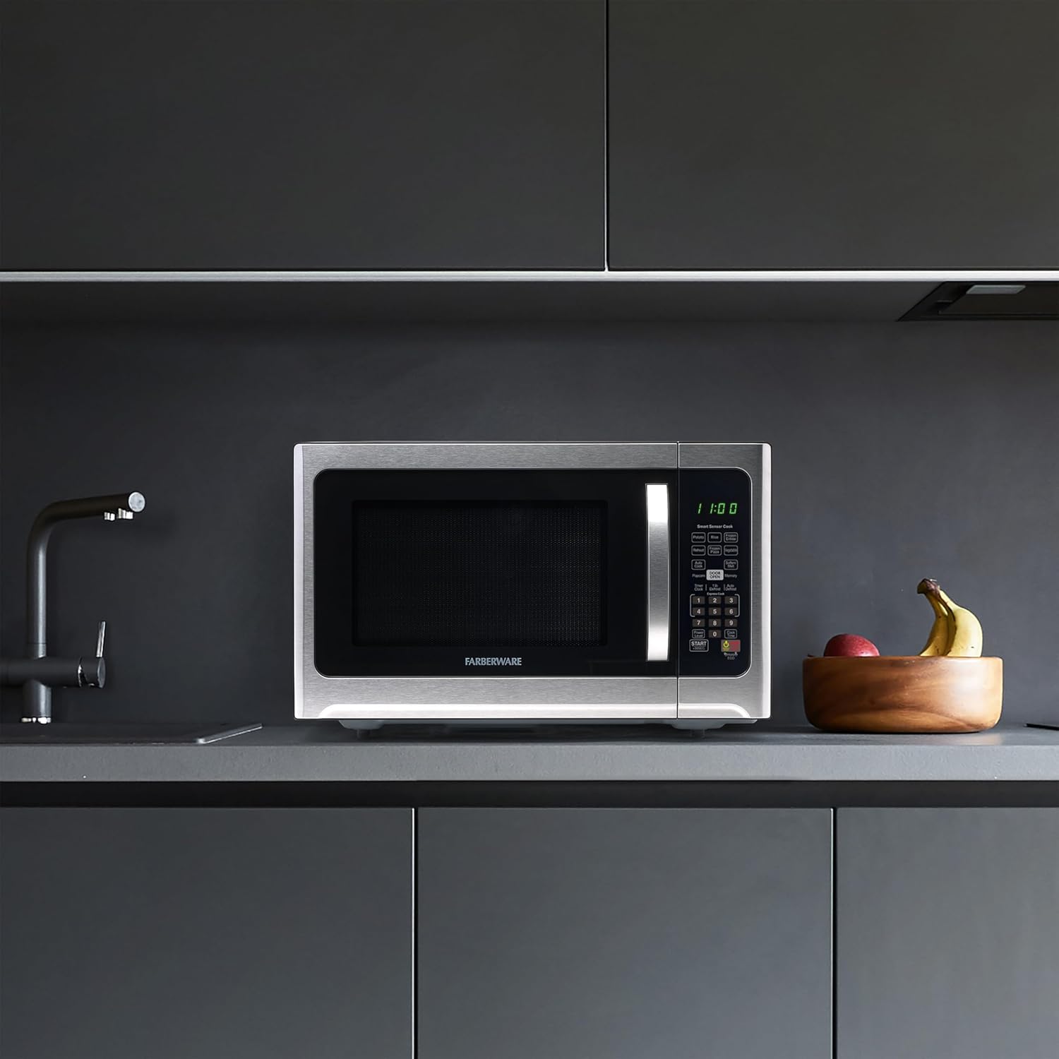 Farberware 1.2 Cu. Ft. Countertop Microwave Oven – 1000 Watts Power, Smart Sensor Auto Cook Settings, Defrost, Easy Clean and Child Safety Lock - Stainless