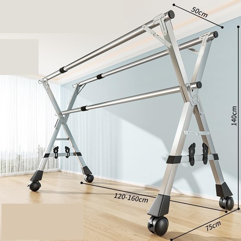 Laundry Rack Clothes Airer Folding Adjustable Laundry Rack Stainless Steel Garment Rack with 4 Universal Wheel Clothing Drying Rack Clothes Dryer Rack