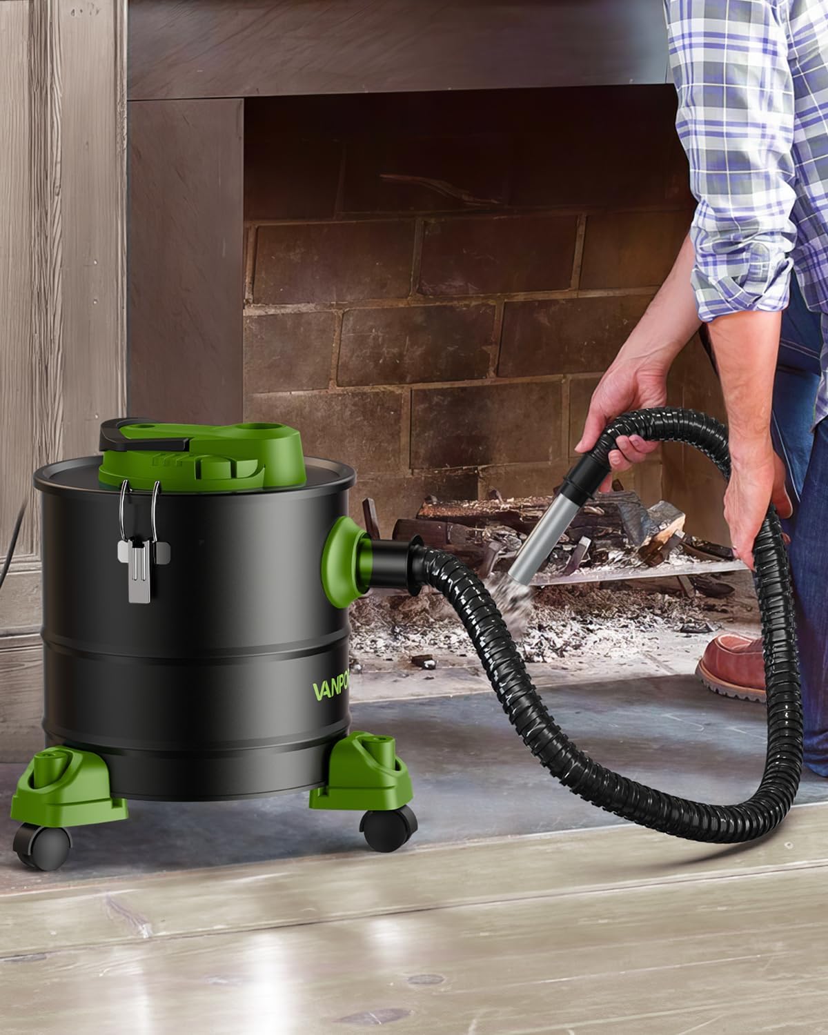 Ash Vacuum Cleaner 5.2 Gallon with 1200w Suction Power&Wheeled Base, Ash Vacuum for Pellet Stoves, Fireplaces, Grill, Wood Stove, Fire Pits,Green