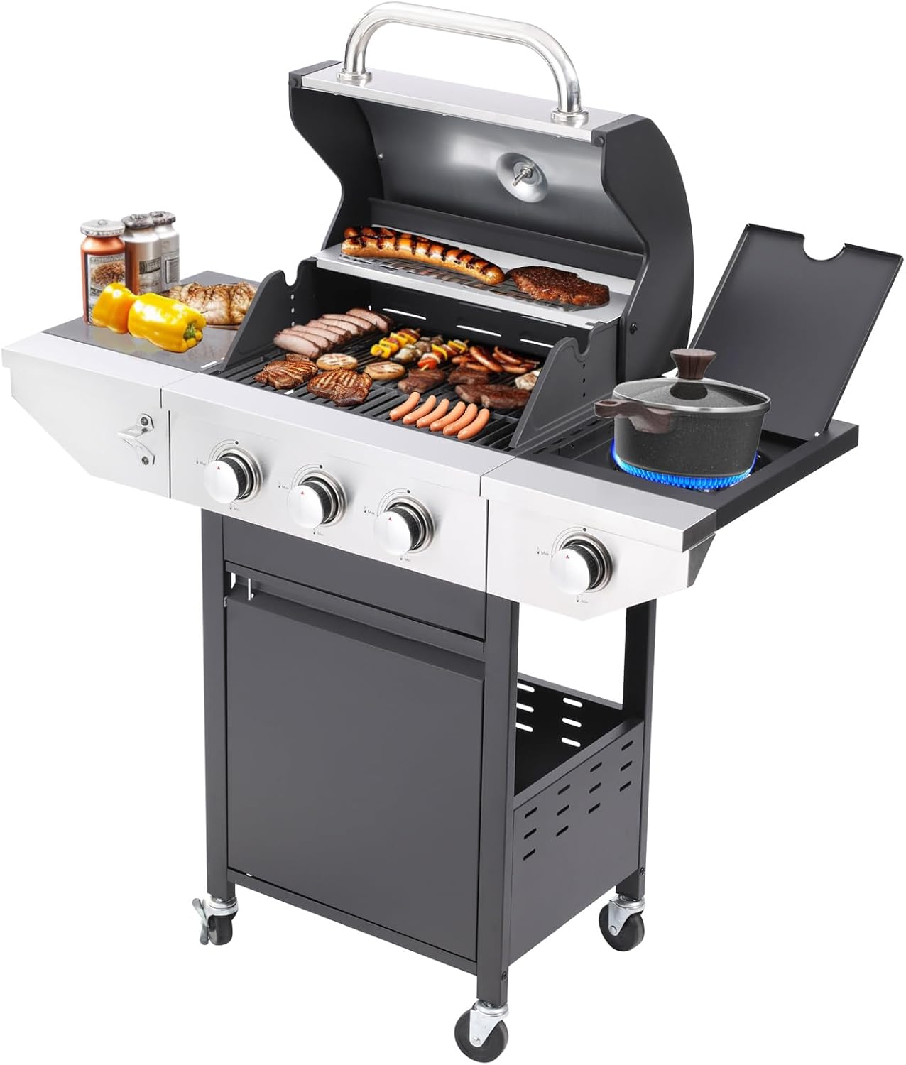 Evedy Gas Grill 3-Burner Propane BBQ Stainless Steel Outdoor Cooking Grill with Side Burner, 37,150 BTU, Removable Grease Tray, Barbecue Grill, Outdoor BBQ, Camping, Backyard, Patio (3+1 Black Silver)