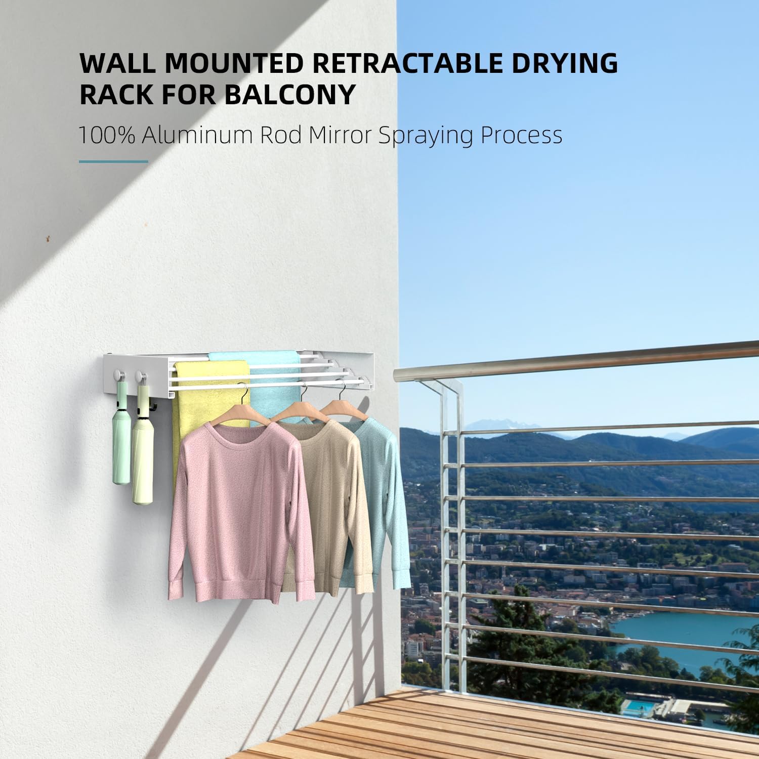 Drying Rack Clothing,Clothes Drying Rack Wall Mounted,Laundry Drying Rack Wall Mount,Foldable,Collapsible,60 lb Capacity 5 Aluminium Poles with 6 Hooks (White, 23.6'')