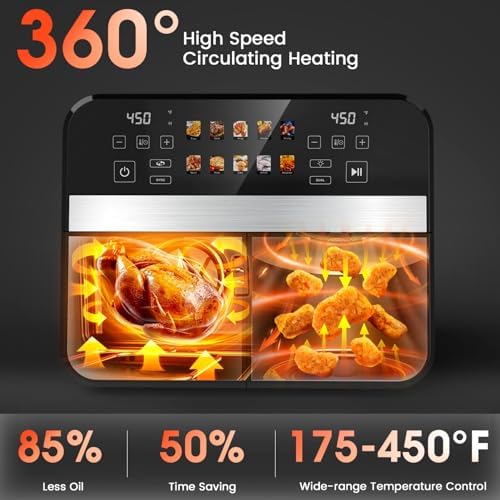 10QT Dual Basket Air Fryer, 12-in-1 Digital Air Fryer Oven with Visible Windows, 5QT x 2 Drawers, One-Touch LED Panel, Sync Finish, Dehydrate, Defrost, Roast, Bake, Reheat, Nonstick & Dishwasher Safe