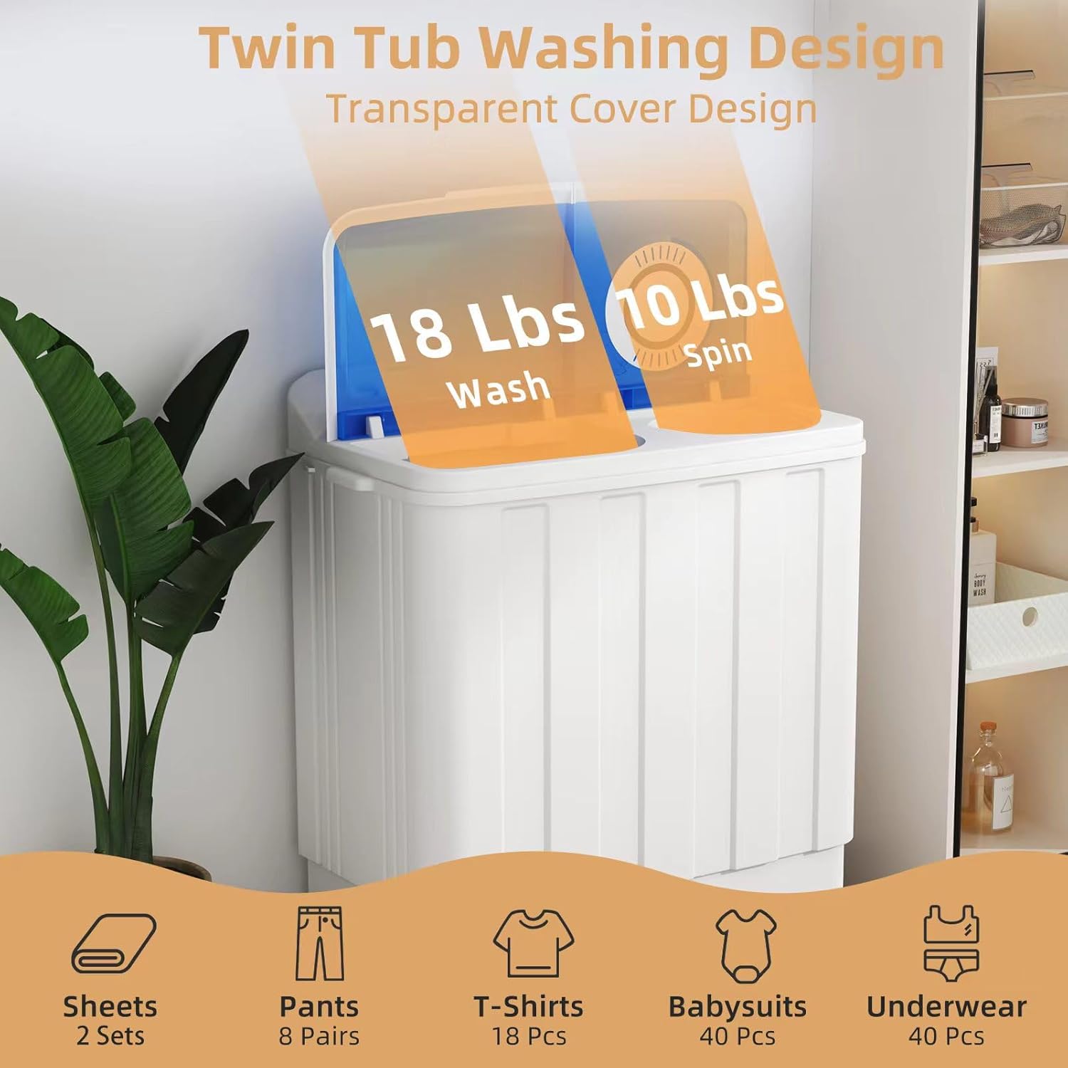 Zynkez Portable Washing Machine, 28Lbs Compact Twin Tub Laundry Washer with Built-in Drain Pump, Semi-Automatic 18Lbs Washer and 10Lbs Spinner Combo for Apartments, Dorms, RVs