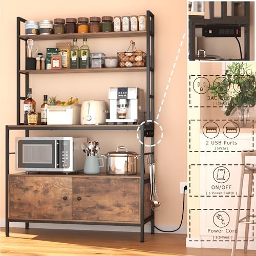 5-Tier Kitchen Baker’s Rack with Power Outlet,Large Bakers Rack with Storage Cabinet, Heavy Duty Oven Stand Microwave ,Free Standing Kitchen Utility Shelf with Storage,Shelf Organizer with Hooks