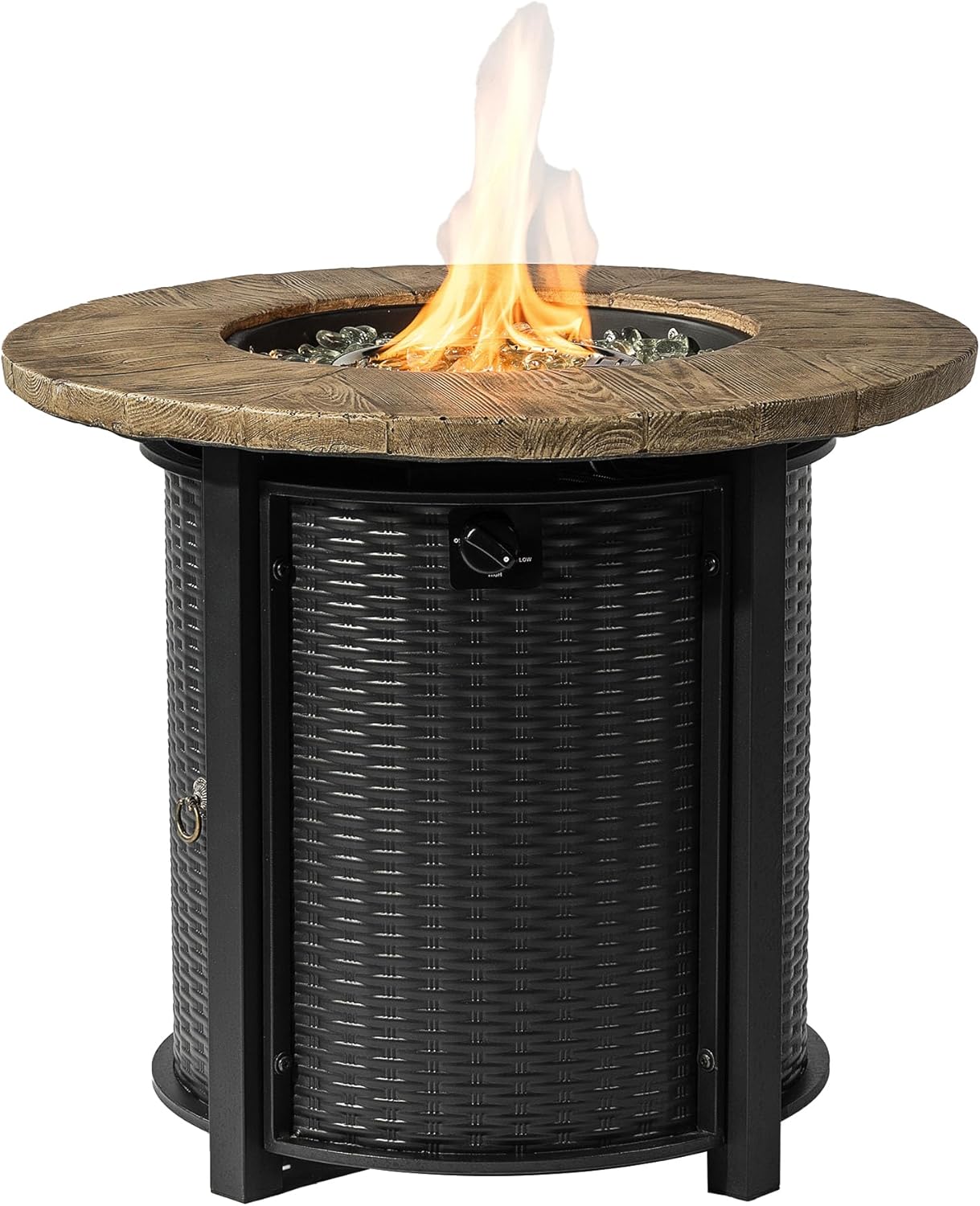 30 inch Round Propane Fire Pit Table, 50,000 BTU Lightweight Outdoor Firepit with Faux Wood Grain Tabletop & Glass Stones, Includes Rain Cover - ETL Certified for Patio, Deck, Backyard
