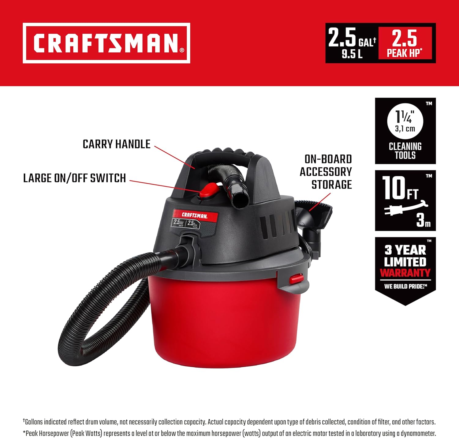 CRAFTSMAN CMXEVBE17250 2.5 Gallon 2.5 Peak HP Wet Dry Vac, Portable Shop Vacuum Wet and Dry with 4 Filter Bags, Hose and Attachments for Cleaning in the Home