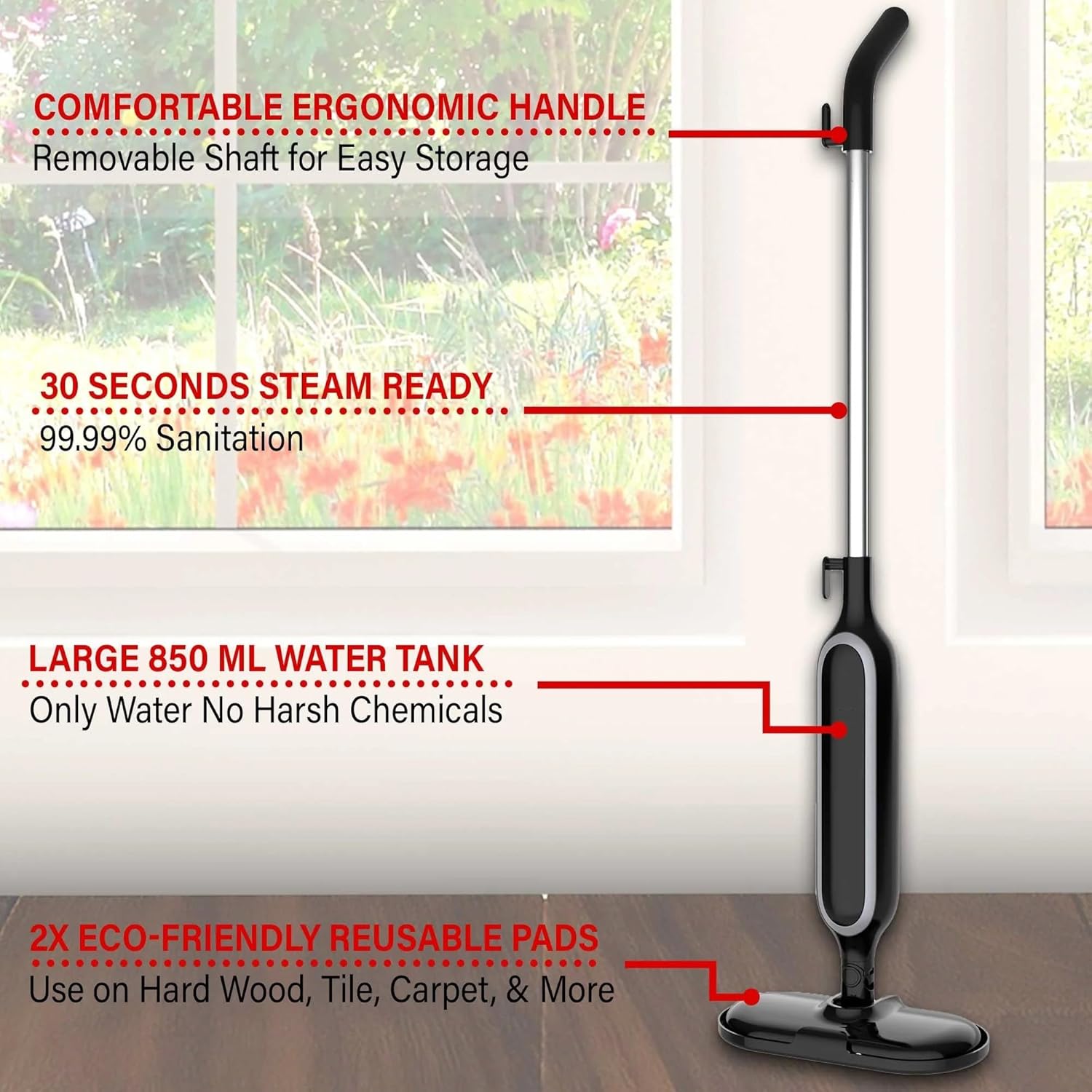 1100W Steam Mop for Hardwood, Tile & Carpet – Lightweight Floor Steamer with 850ml Water Tank, Swivel Head, Reusable Pad, Carpet Glider, Blue & Black (Black)