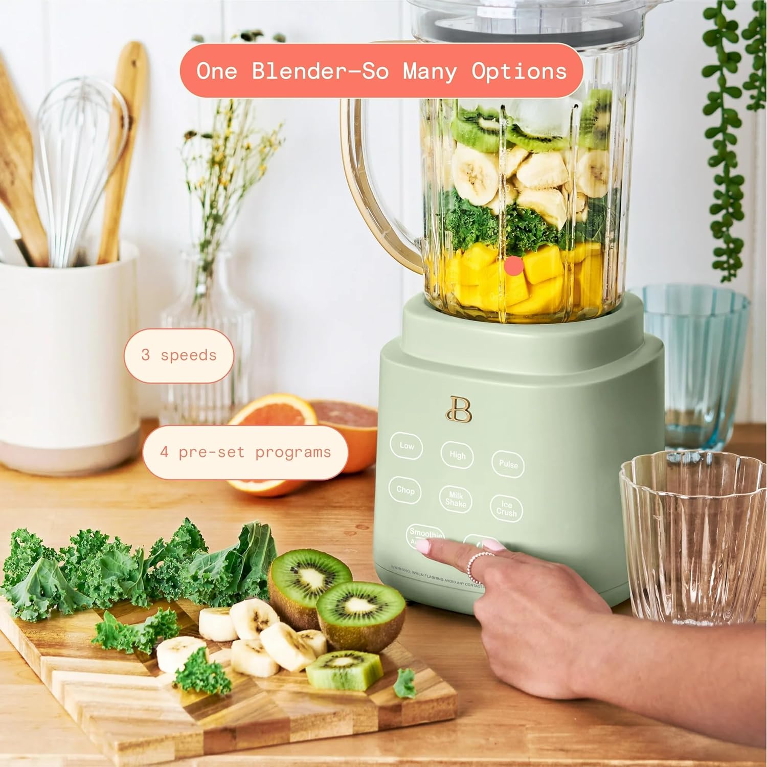 Beautiful PowerExact Blender System with 700W Motor, 50oz Tritan Jar, 20oz Single-Serve Cup, No Drippy Sippy™ Lid, 3 Speeds & 4 Pre-sets, scratch-resistant Tritan & PrecisionSense (Sage Green)