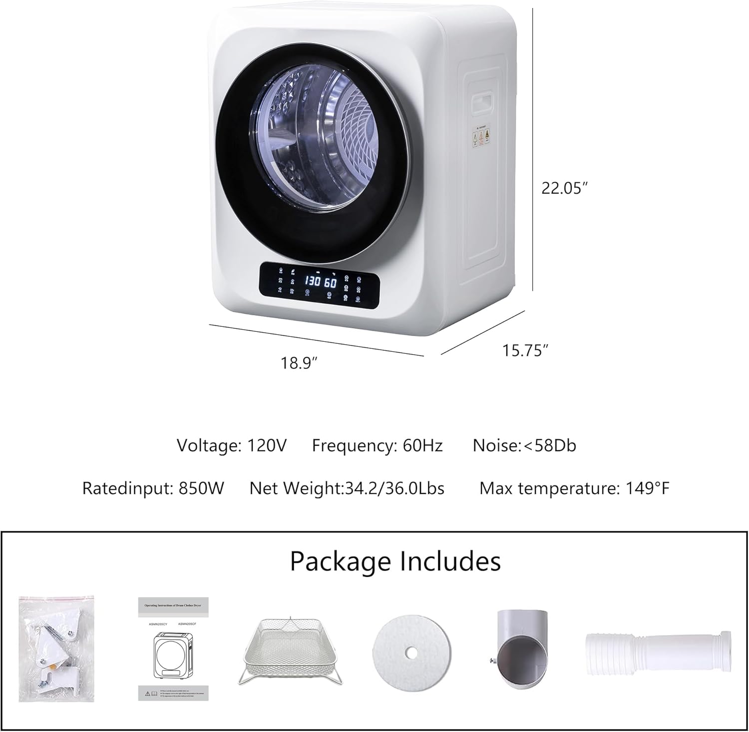 6.6Lbs Portable Clothes Dryer, 120V/850W Comtact Mini Dryer Machine with Exhaust Pipe, LED Touch Control Panel, Portable Dryers for Laundry, Apartment, Dorm, RV, White&Clear