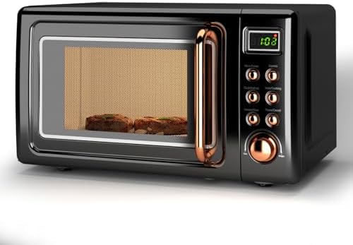 LDAILY 0.7Cu.ft Retro Small Microwave Oven, 700W Compact Countertop Microwave with 5 Power Levels, Auto Cooking Menus, Glass Turntable, Child Lock & Glass Turntable for Apartment, Dorm (Golden)