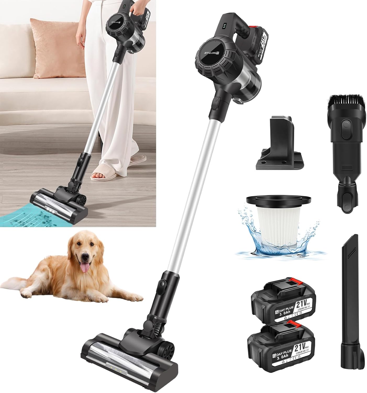 Cordless Vacuum Cleaner, 6-in-1 Lightweight Stick Vacuum with 15Kpa Powerful Suction, Brushless Motor, 2* 3000mAh Detachable Battery, LED Floor Lights, 45 Mins Runtime for Pet Hair/Carpet/Hard Floor