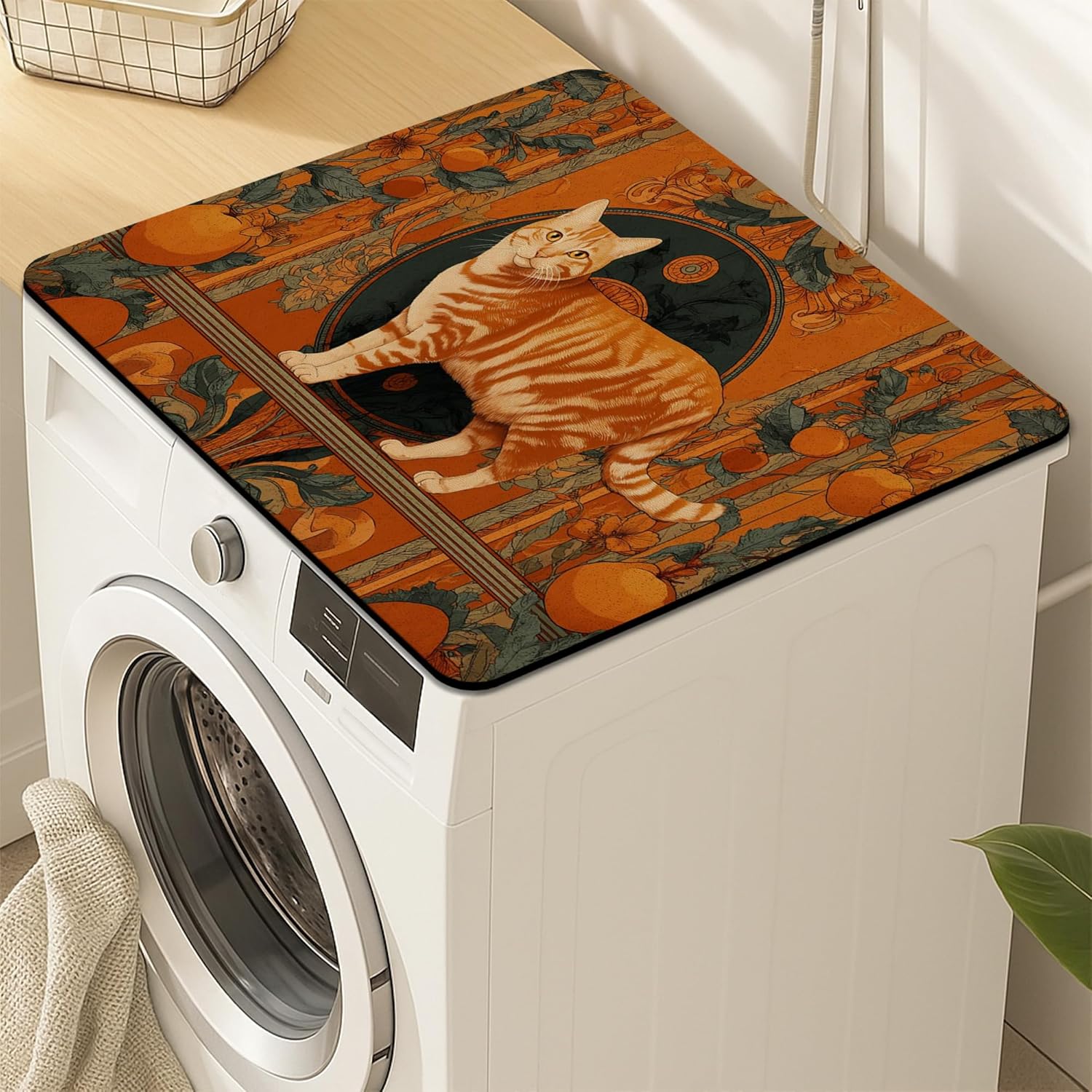 Ornamental Cat Washer Dryer Top Protector Mat, Vintage Inspired Orange Feline Design Laundry Machine Covers, Artistic Rubber Anti-slip Waterproof Mats for Laundry Room 24x24 Inch