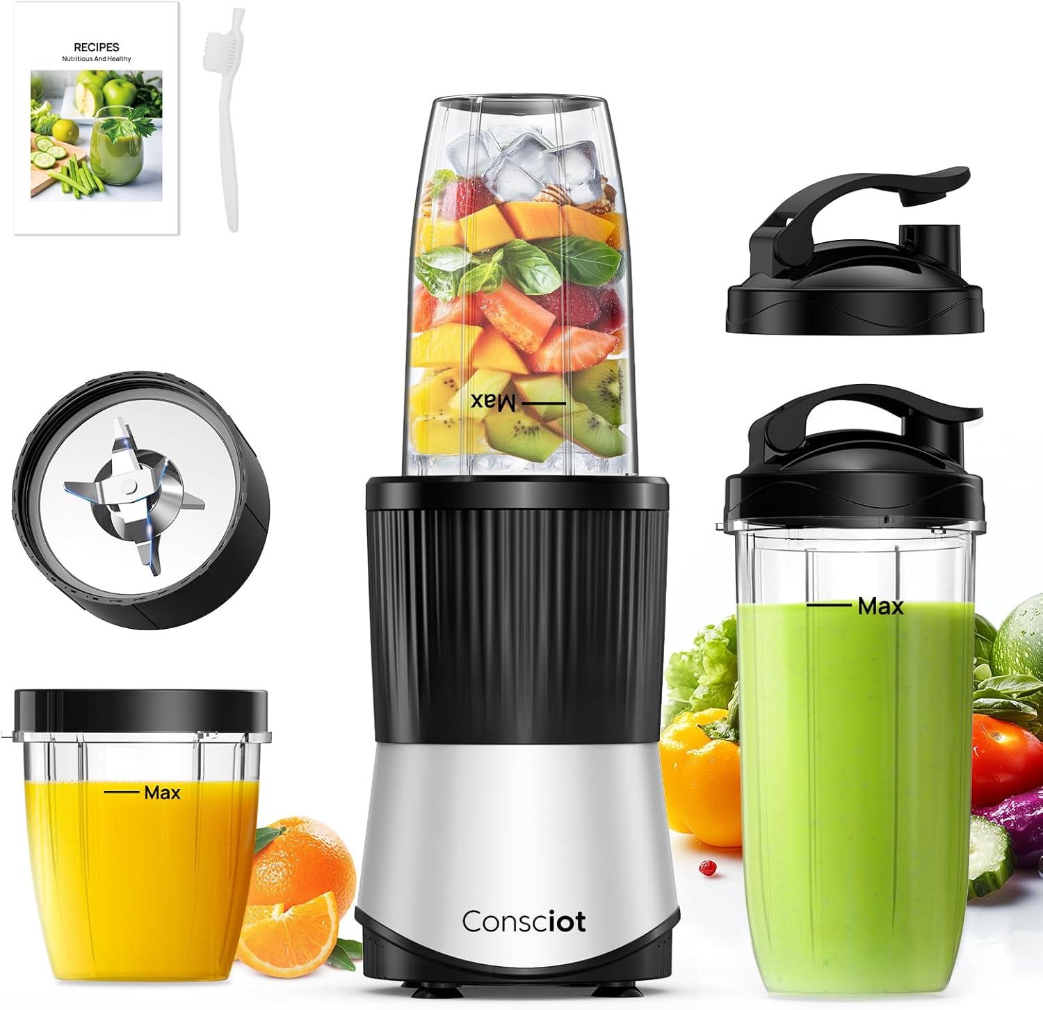 Smoothies Blender, Consciot Countertop and Personal Blender Combo, Making Shakes and Smoothies, Frozen Drinks, Spreads and More, 3 Portable To-Go Cups & 3 Lids, 900W Peak Watts