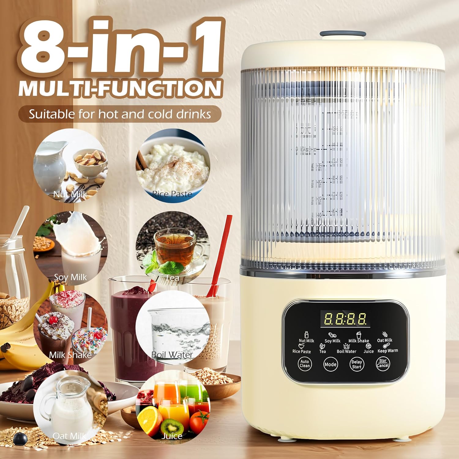 55oz Almond Milk Maker, Oat Soy Milk Maker Machine, Automatic Countertop Blender, Keep Warm, Delay Start, Nut Milk and Rice Paste Making, Automatic Cleaning