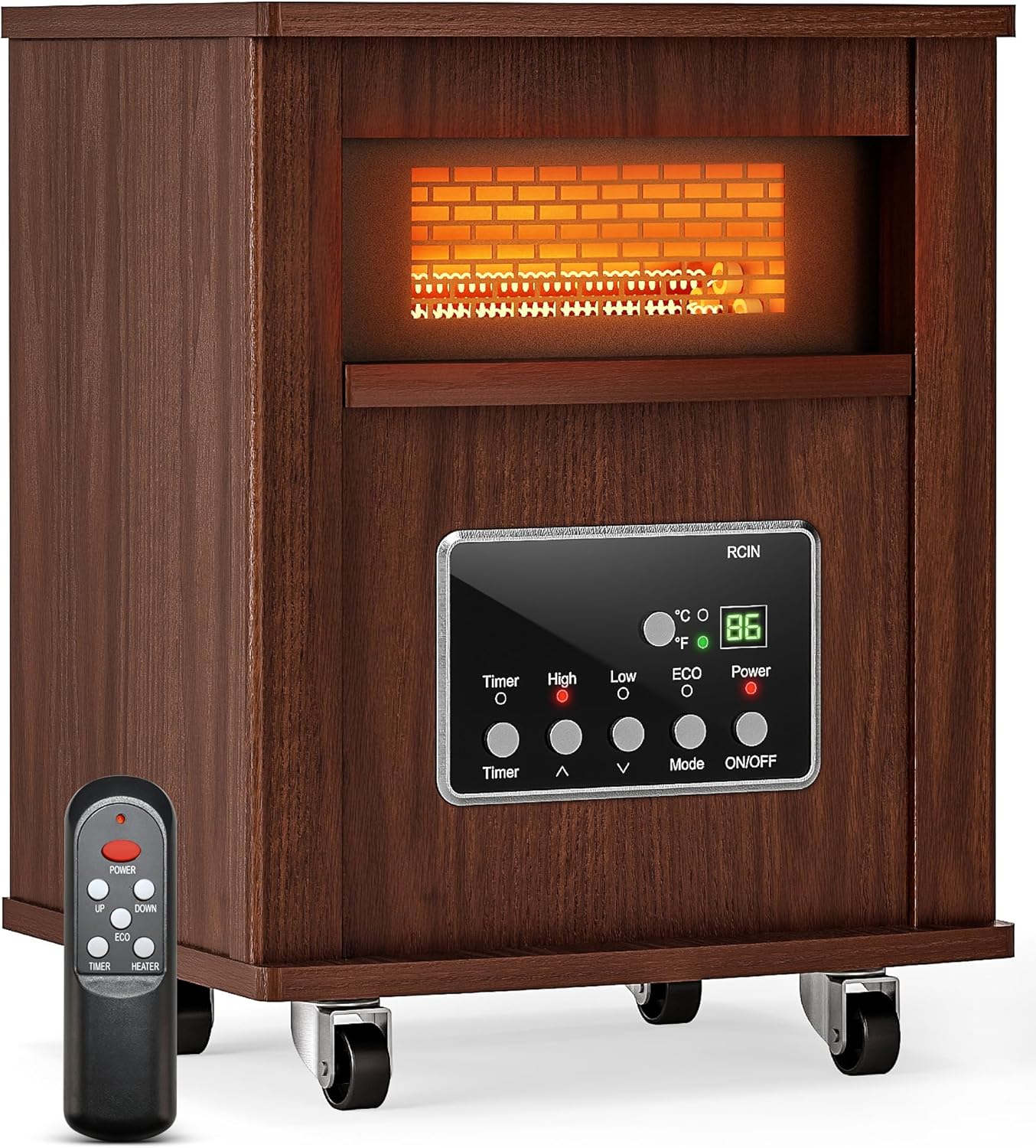 Infrared Space Heater for Indoor Use - 1500W Portable Box Heater with Wood Cabinet, Remote Control & 12H Timer, Quiet Electric Heater with Safety Protection for Bedroom Living Room Office