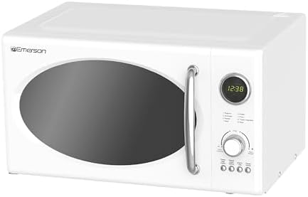 Emerson MWRG0901W 0.9 Cu. Ft. Retro Microwave with 1,000W Grill Function, 800W Cooking Power, LED Display, 5 Power Levels, 8 Auto Menus, Glass Turntable, Child Lock, White Countertop Design