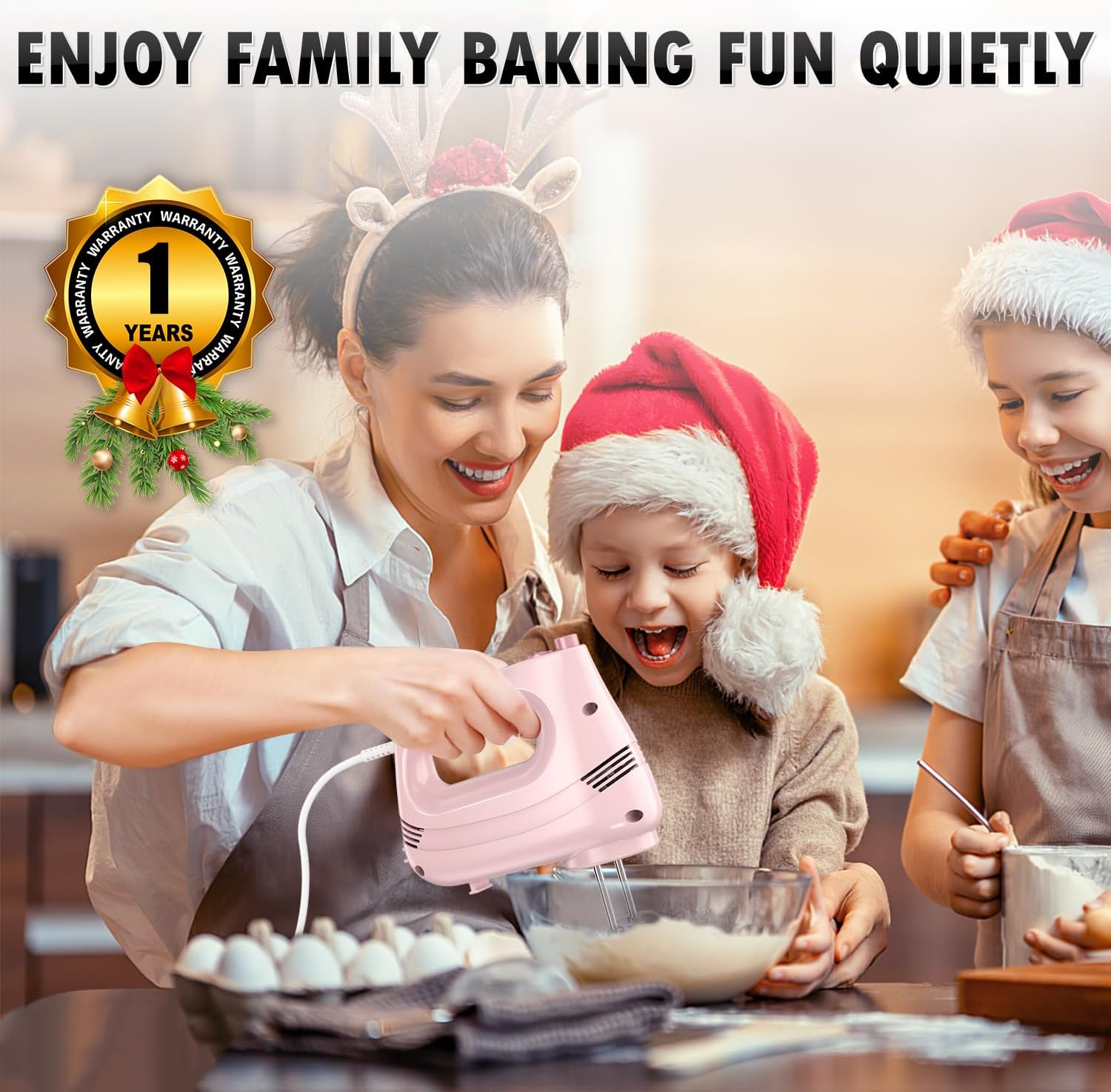 Electric Hand Mixer with Stainless Steel Whisk, Dough Hook Attachment and Storage Bag, Handheld Mixer for Baking Cakes, Eggs, Cream Food Mixers. Turbo Boost /5 Speed Kitchen Blender PINK