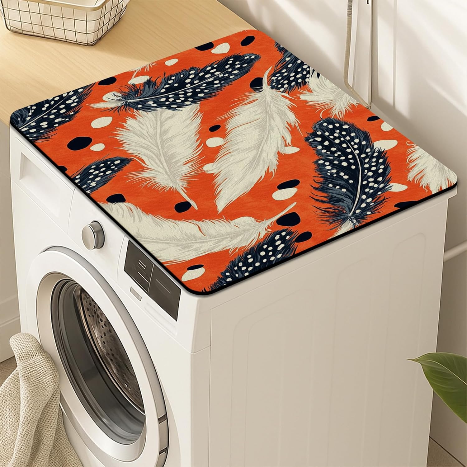 Feather Washer Dryer Top Protector Mat, Bohemian Modern Abstract Laundry Machine Dust Covers, Stylish Rubber Anti-slip Waterproof Washer And Dryer Mats for Laundry Room 24x24 Inch