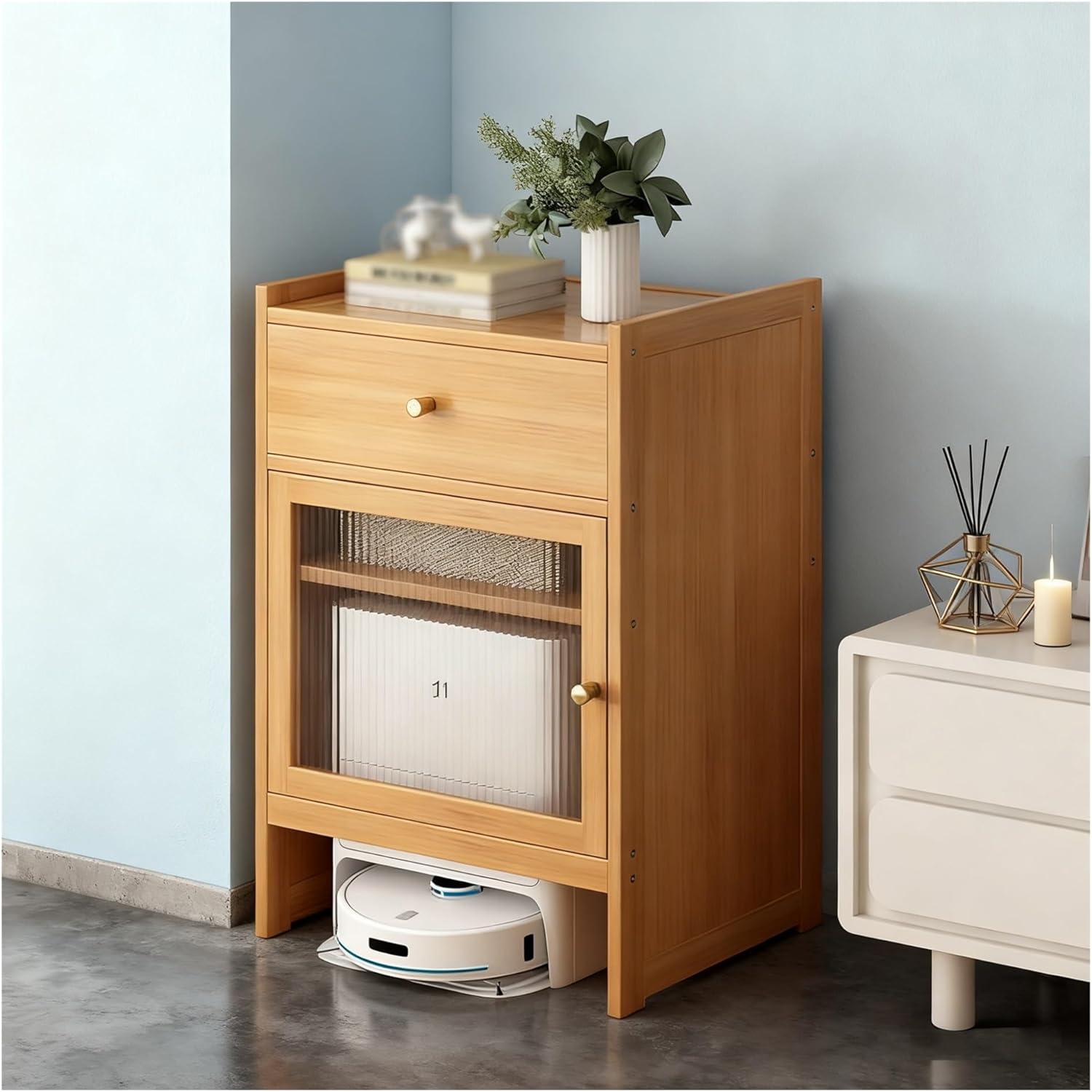 Vacuum Cabinet Storage, End Side Table for Home Office Robot Night Stand for Living Room, Home Office, Kitchen, Easy to Clean(Natural)