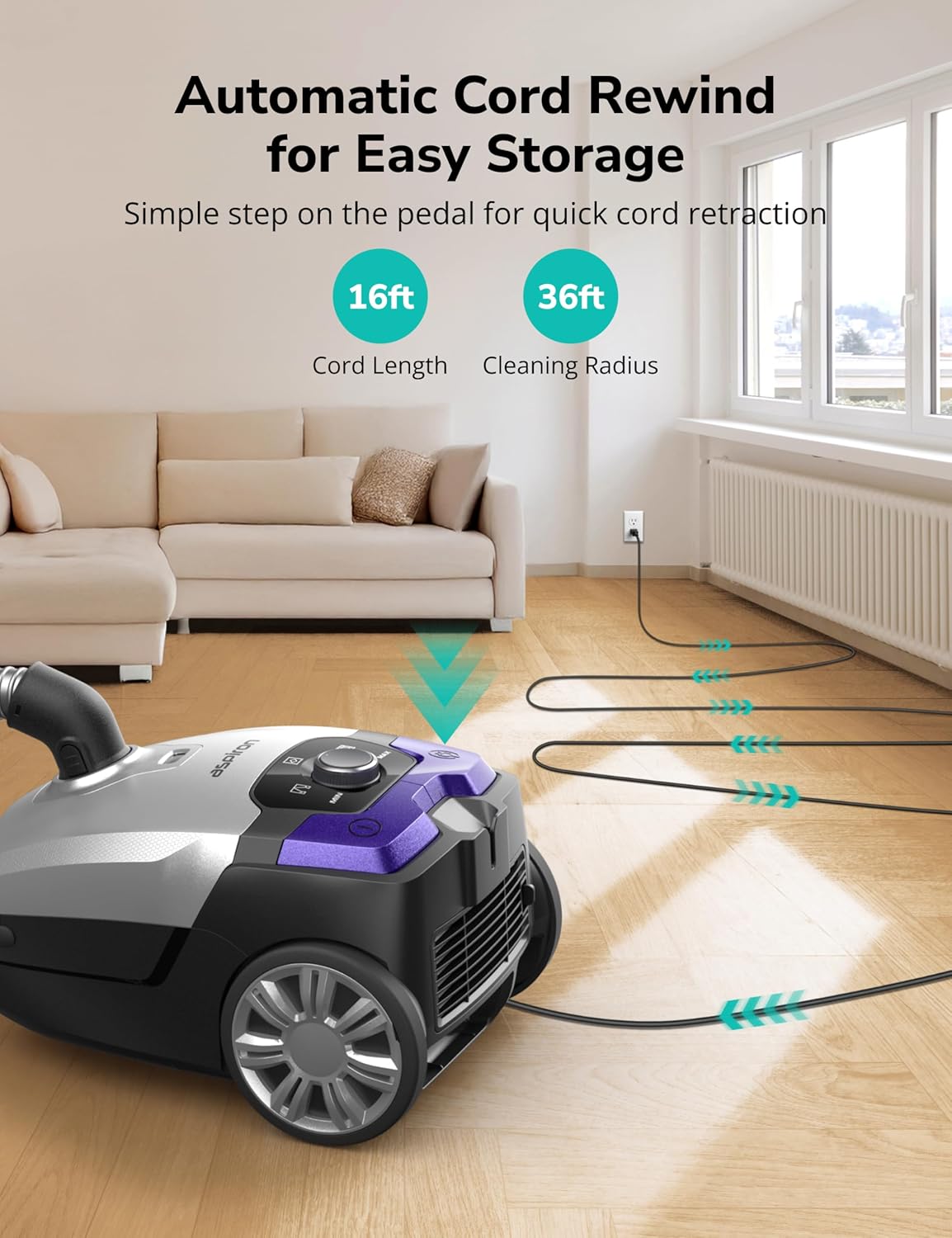 Canister Vacuum,1700W/45KPA Bagged Vacuum Cleaner,5L Large Capacity,Auto Cord Rewind,HEPA Filter,Low Noise,7.5M Cleaning Radius,Variable Power Control,Easy to Push,Hard Floor,Pet,Carpet,Upholstery,Car